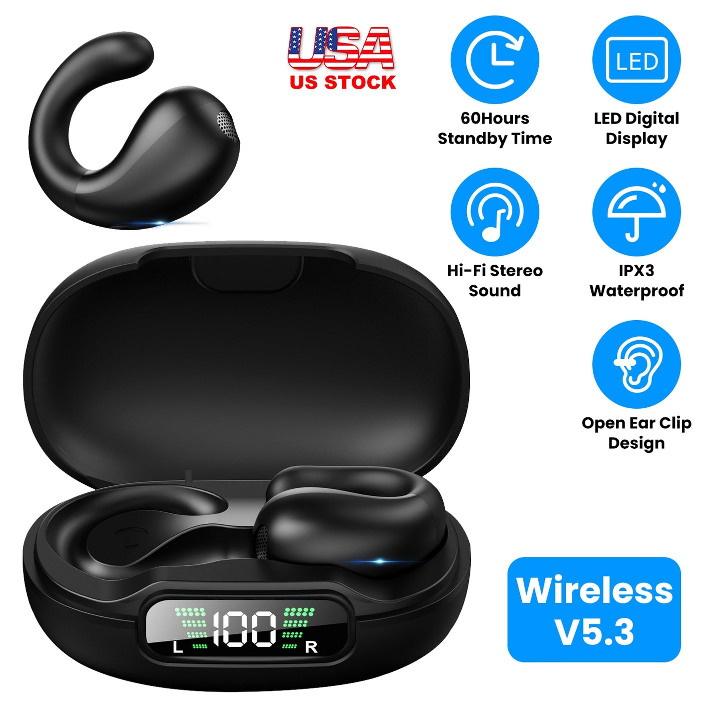 Wireless V5.3 Open Ear Clip Earbuds Over Ear Bone Headphones IPX3 Waterproof Ultra Open Earbuds with LED Display Charging Case for Driving Working Tra