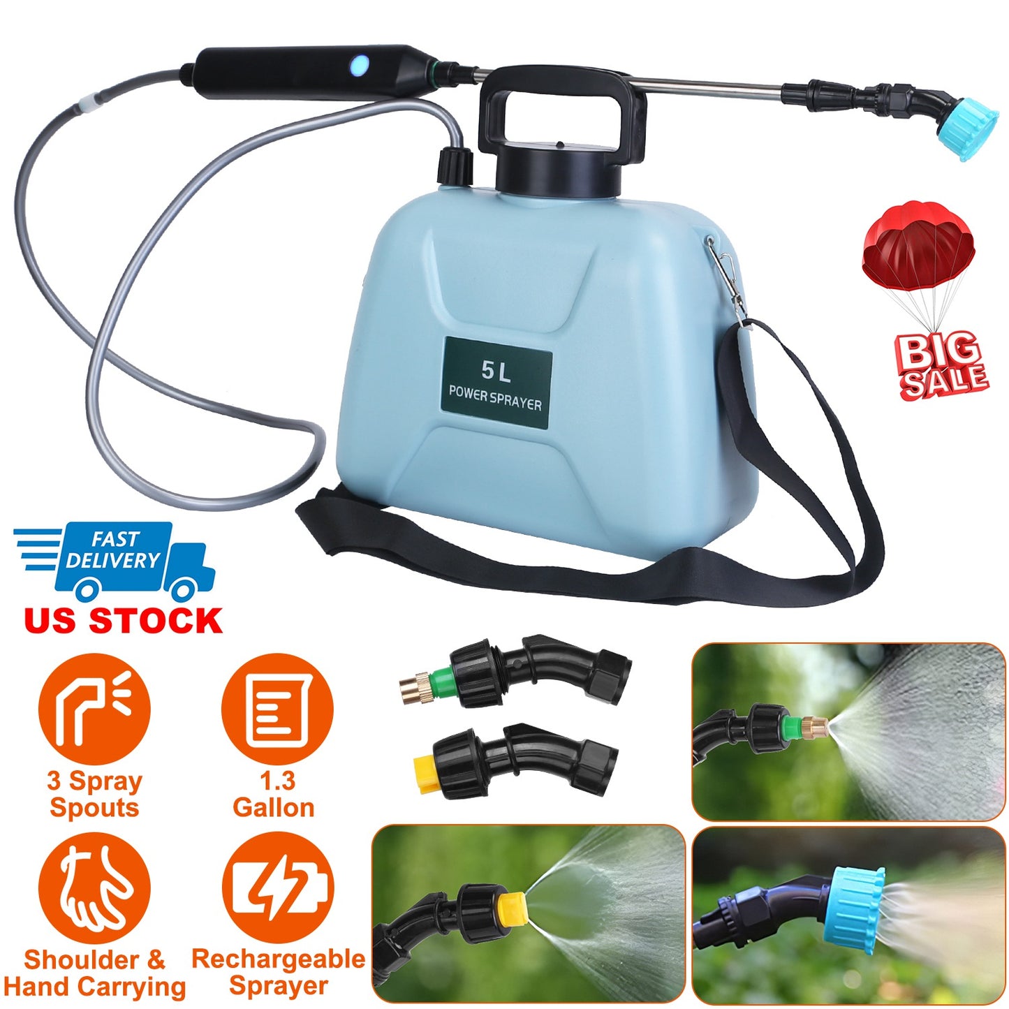 5L/1.3Gallon Electric Plant Sprayer Telescopic Rechargeable Garden Sprayer Automatic Handheld Sprayer with 3 Spray Spouts Shoulder Strap for Cleaning