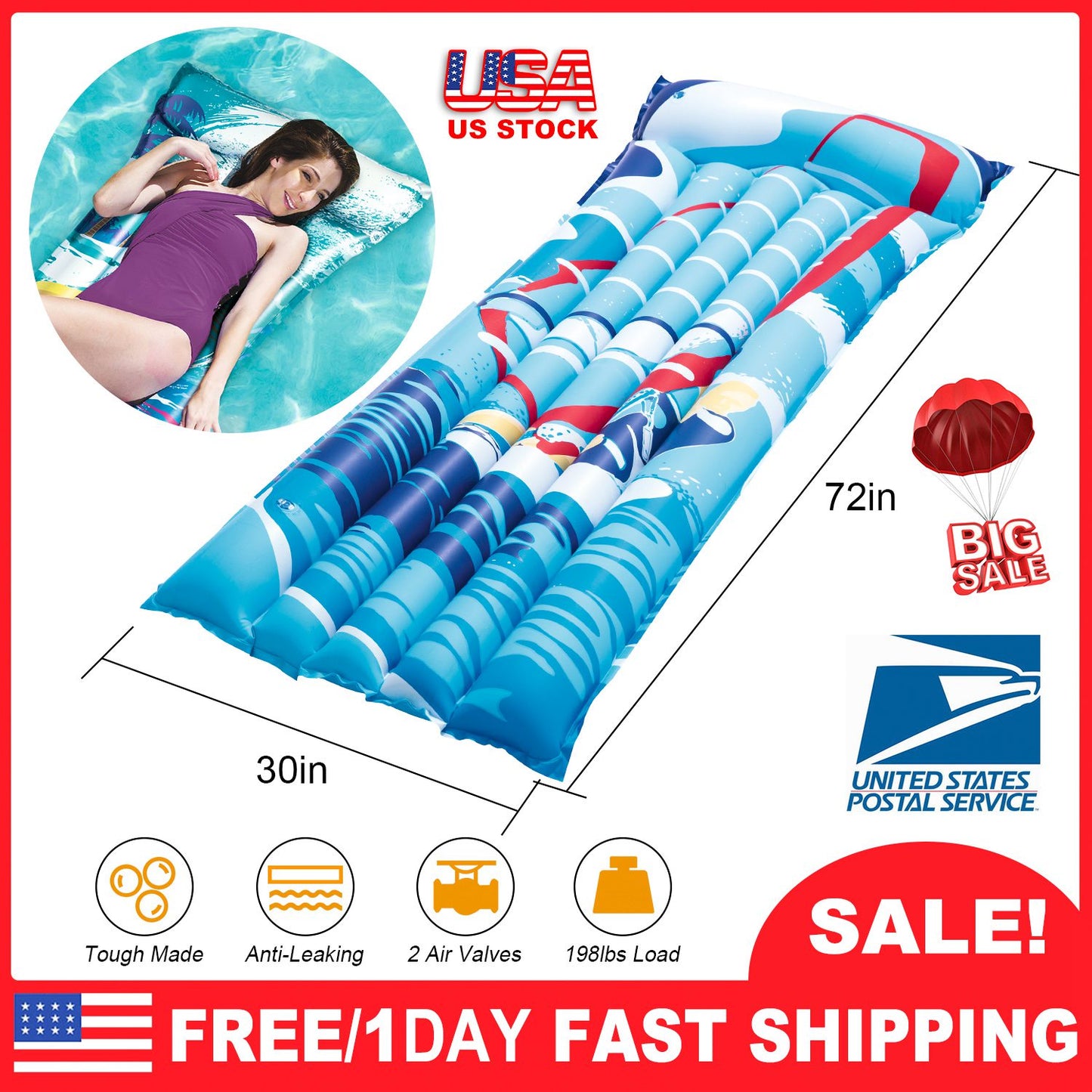 72" Inflatable Pool Float Raft Float Lounge Swimming Pool Mat with Pillow Air Mat Mattress for Adults & Kids