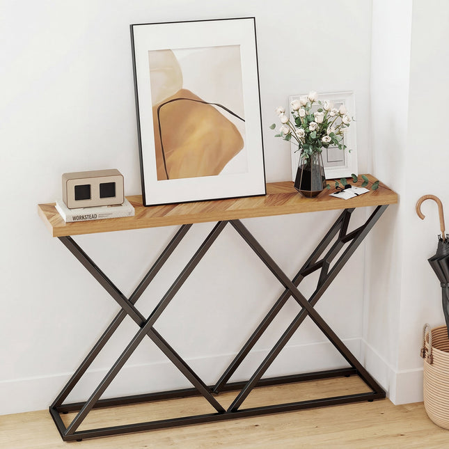 55 Inch Console Table with Solid Metal Frame and Storage-Wood