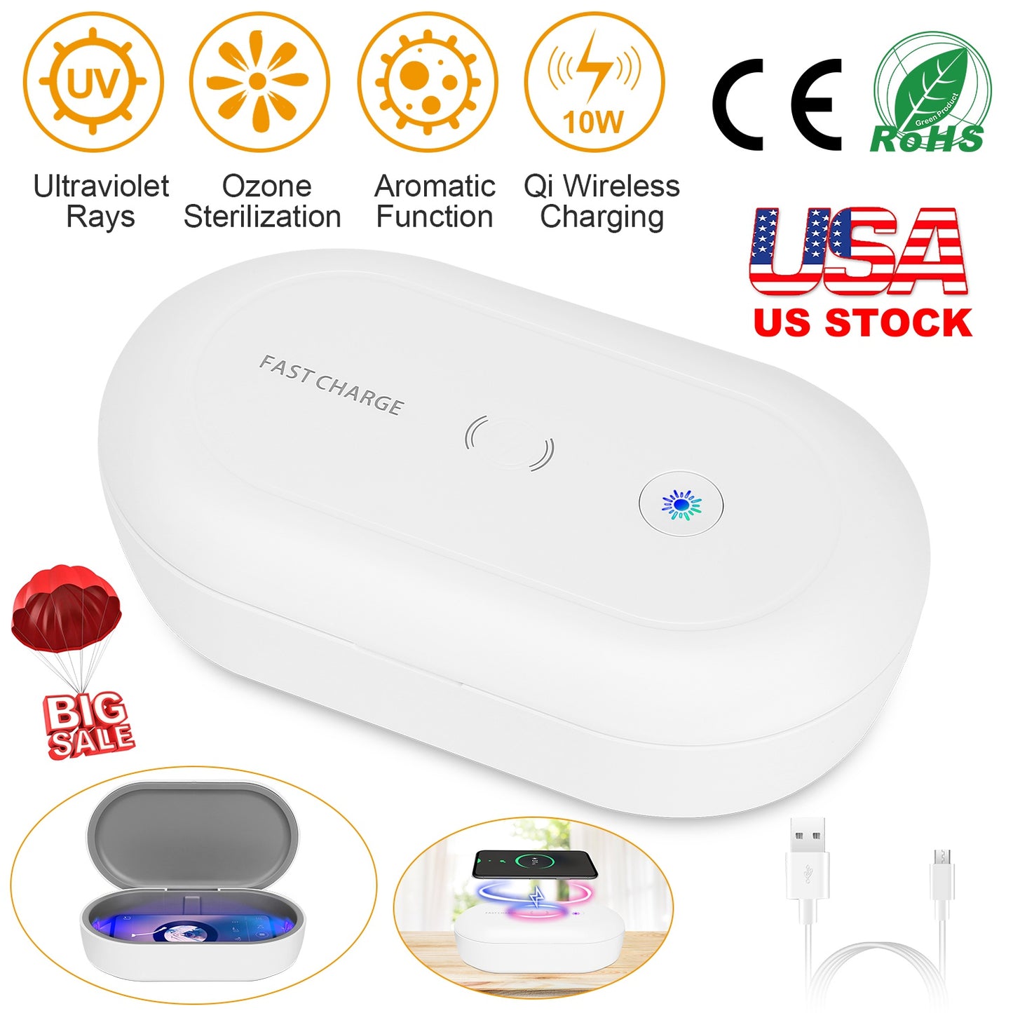 UV Light Sanitizer Box Portable 10W Phone Wireless Charging Disinfection Lamp w/ Aroma Diffuser Sterilizing Box For Jewelry Watch Wallet Keys