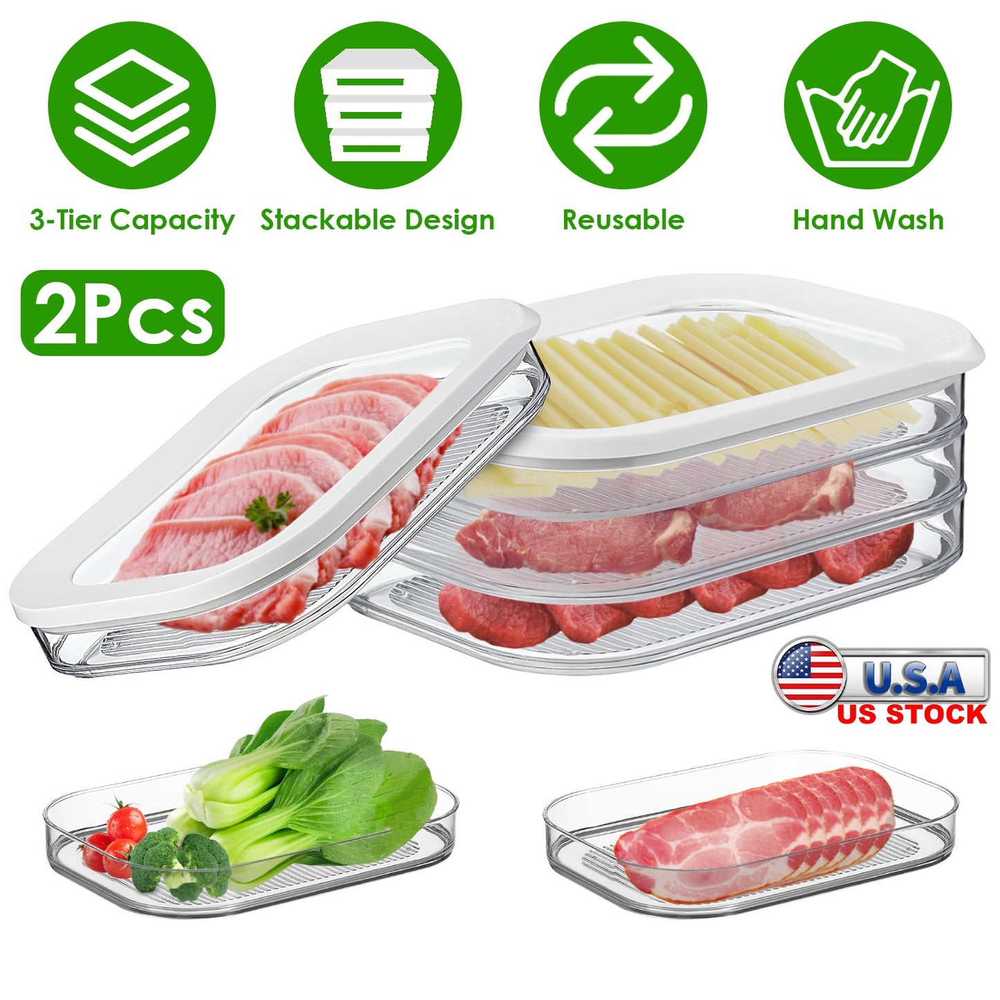 2Pcs Deli Meat Container With Lid for Fridge Stackable Bacon Container Clear Food Storage Box with Lid Meal Prep Container for Lunch Meat Salami Cold