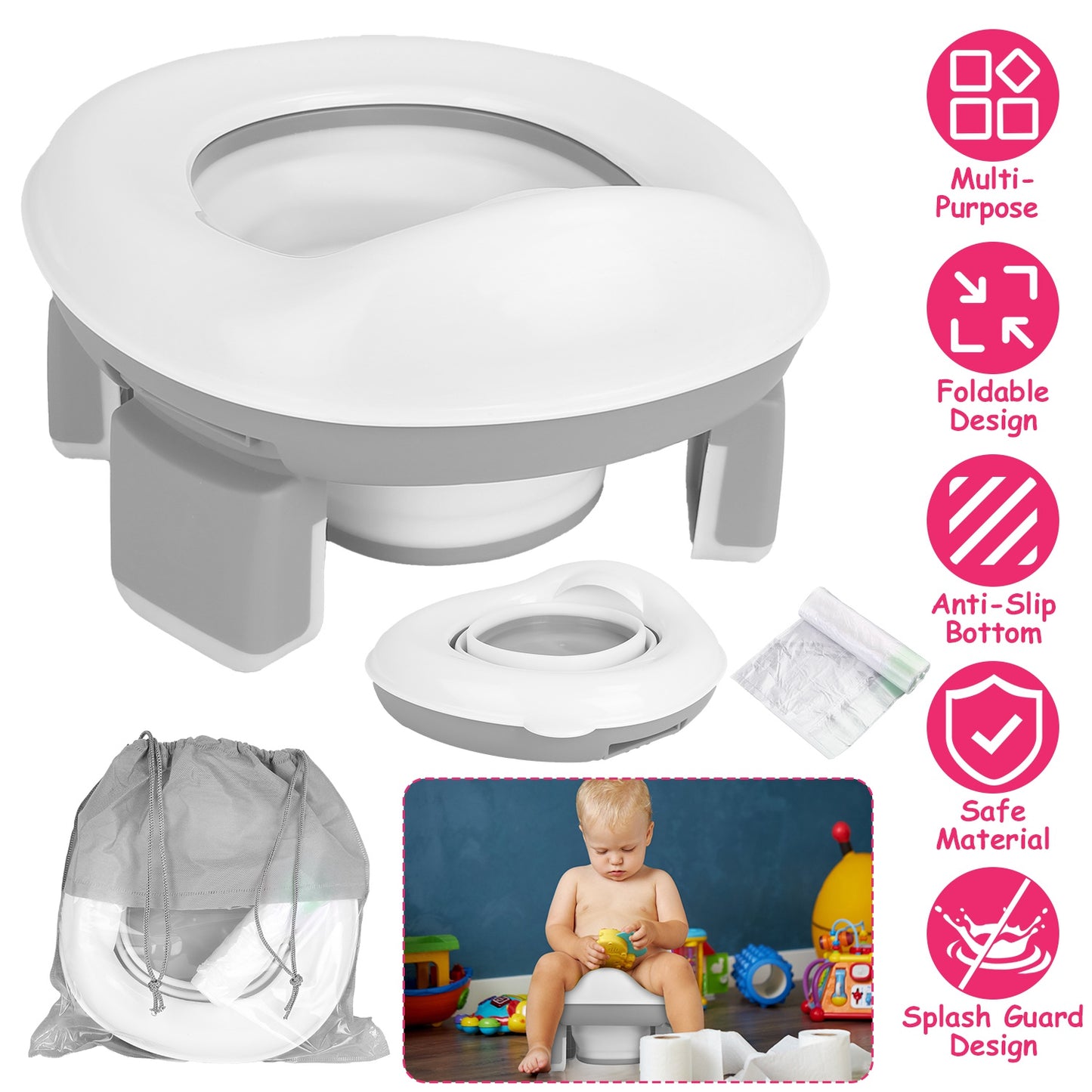Portable Toddler Potty Toilet Foldable Potty Training Seat Cover with Splash Guard Include Storage Bag 20Psc Potty Bags Baby Toilet Trainer for Indoor