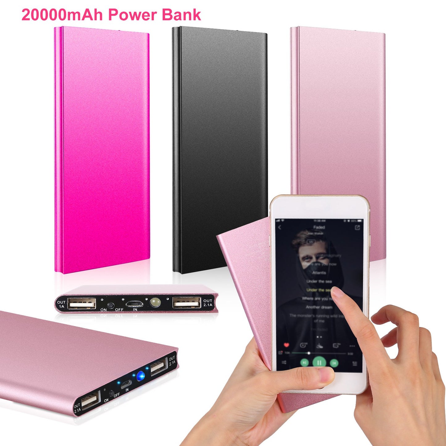 20000mAh Power Bank Ultra-thin External Battery Pack Phone Charger Dual USB Ports