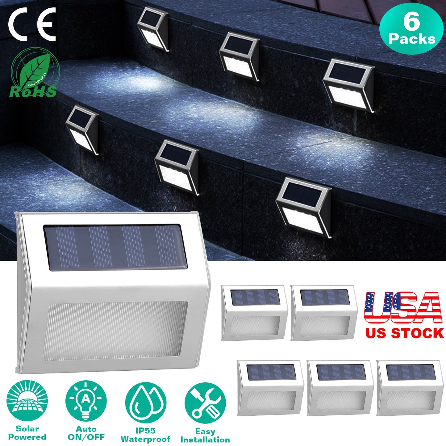 6Packs Solar Step Lights Stainless Steel Outdoor Solar Deck Lights LED Fence Lamp for Outside Garden Backyard Patio Stair Wall