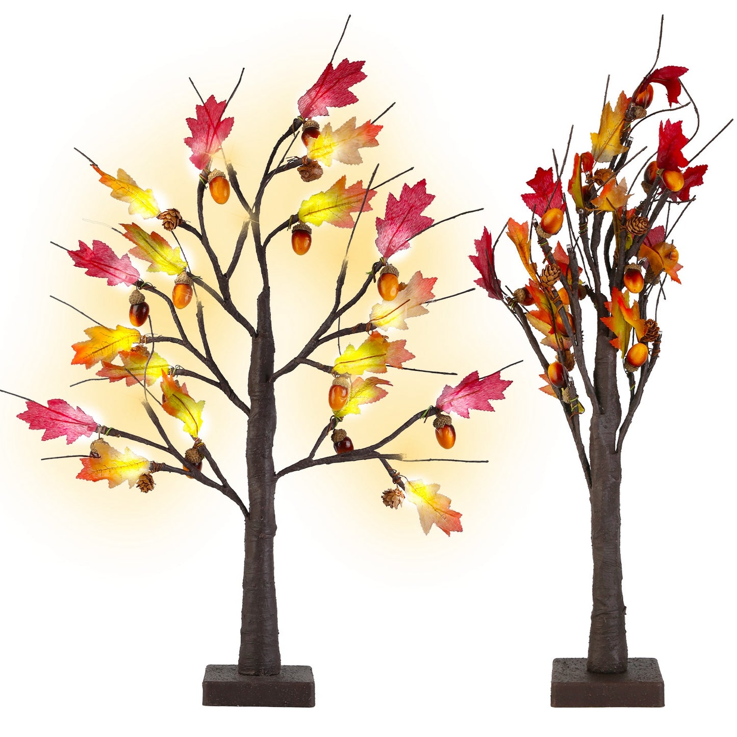 2Pcs 2FT Artificial Lighted Maple Tree With 24Pcs Warm White LED Beads 6Hrs Timer Battery Powered Artificial Fall Tree Tabletop Indoor Outdoor Fall De