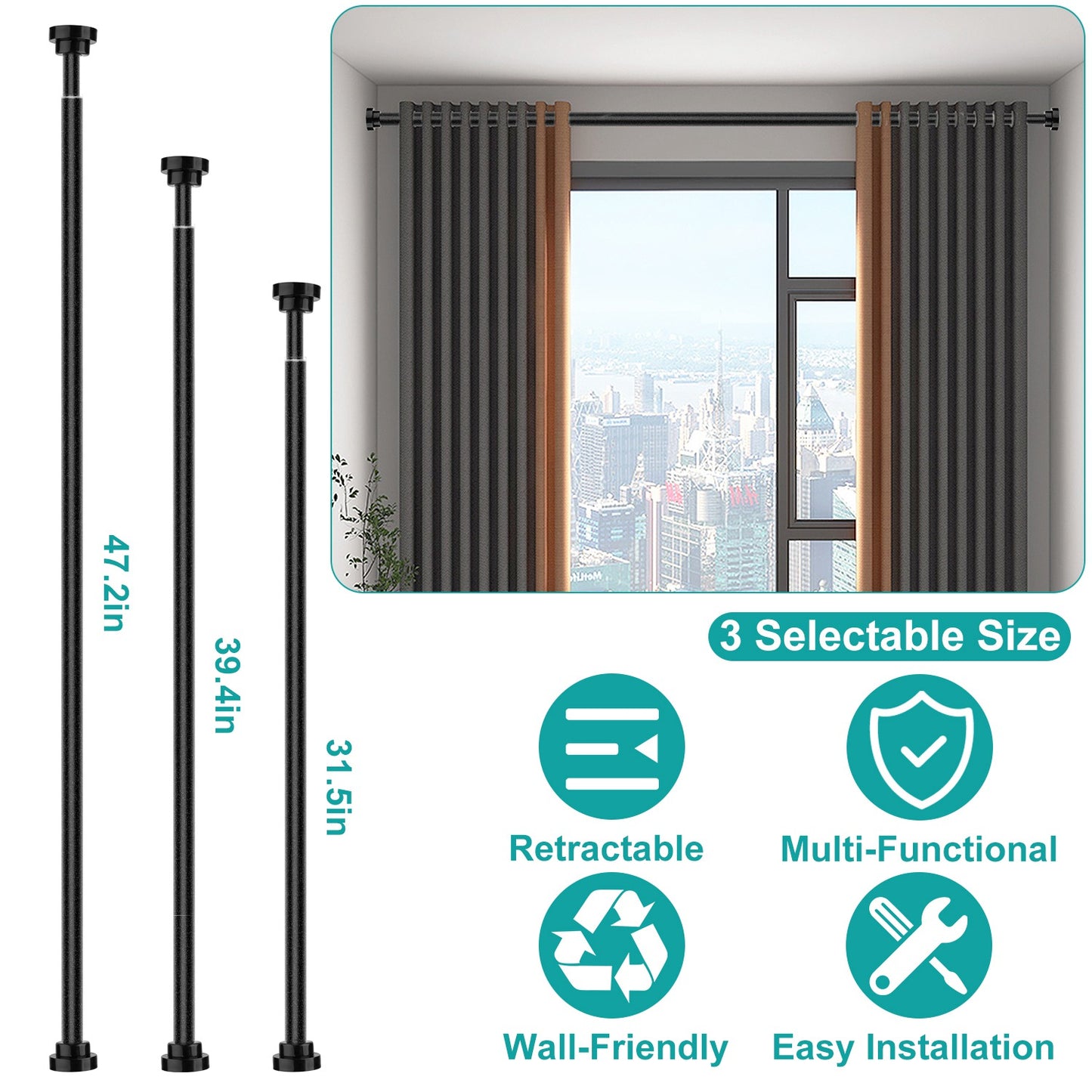 Shower Curtain Rod Adjustable Tension Curtain Rod Stainless Steel Spring Curtain Pole Heavy-Duty Steel for Bathroom Wardrobe Kitchen Balcony 31.5in/39