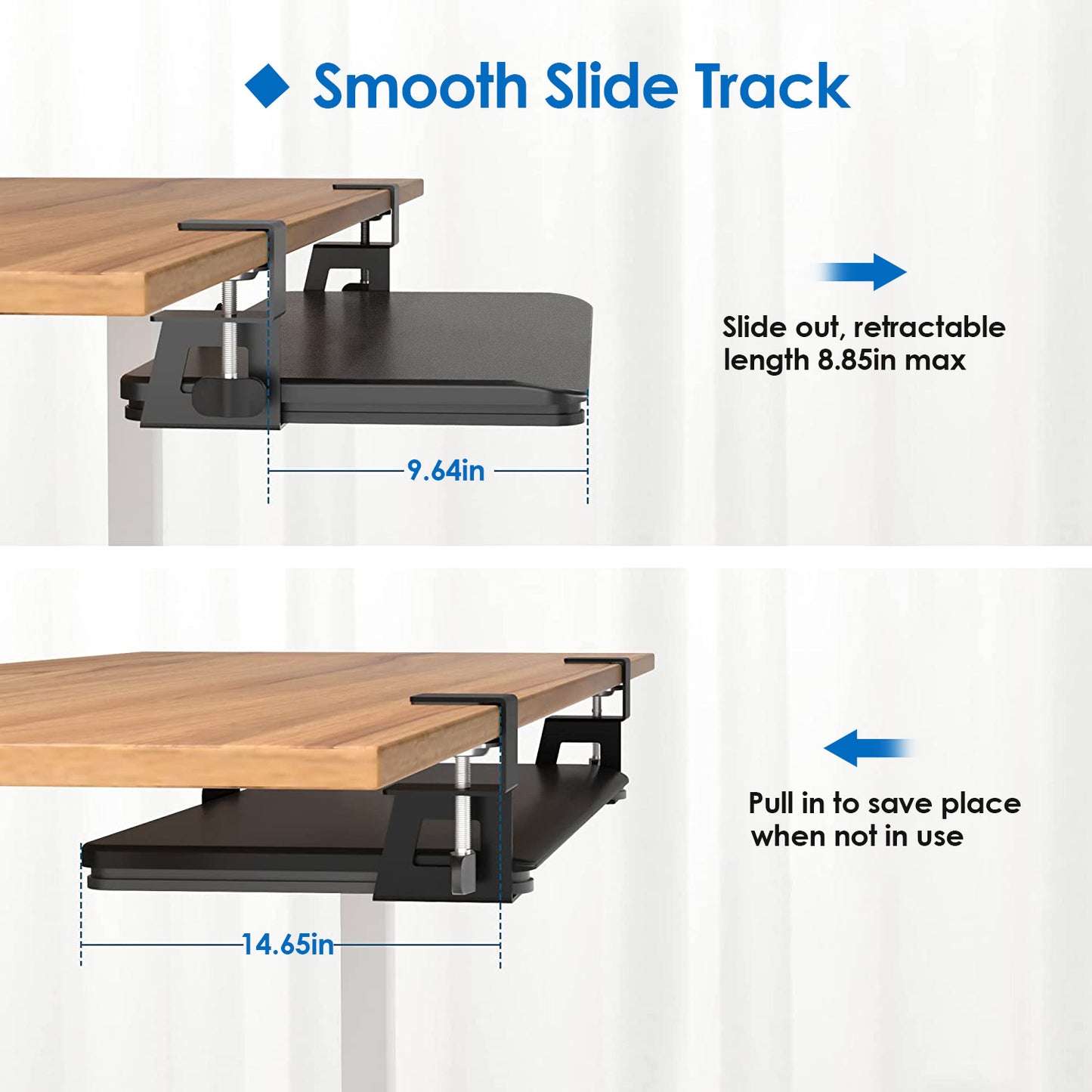 25.59x9.64x0.51in Keyboard Mouse Tray Under Desk Retractable Slide Out Drawer Height Adjustable with C Clamp 55LBS Load