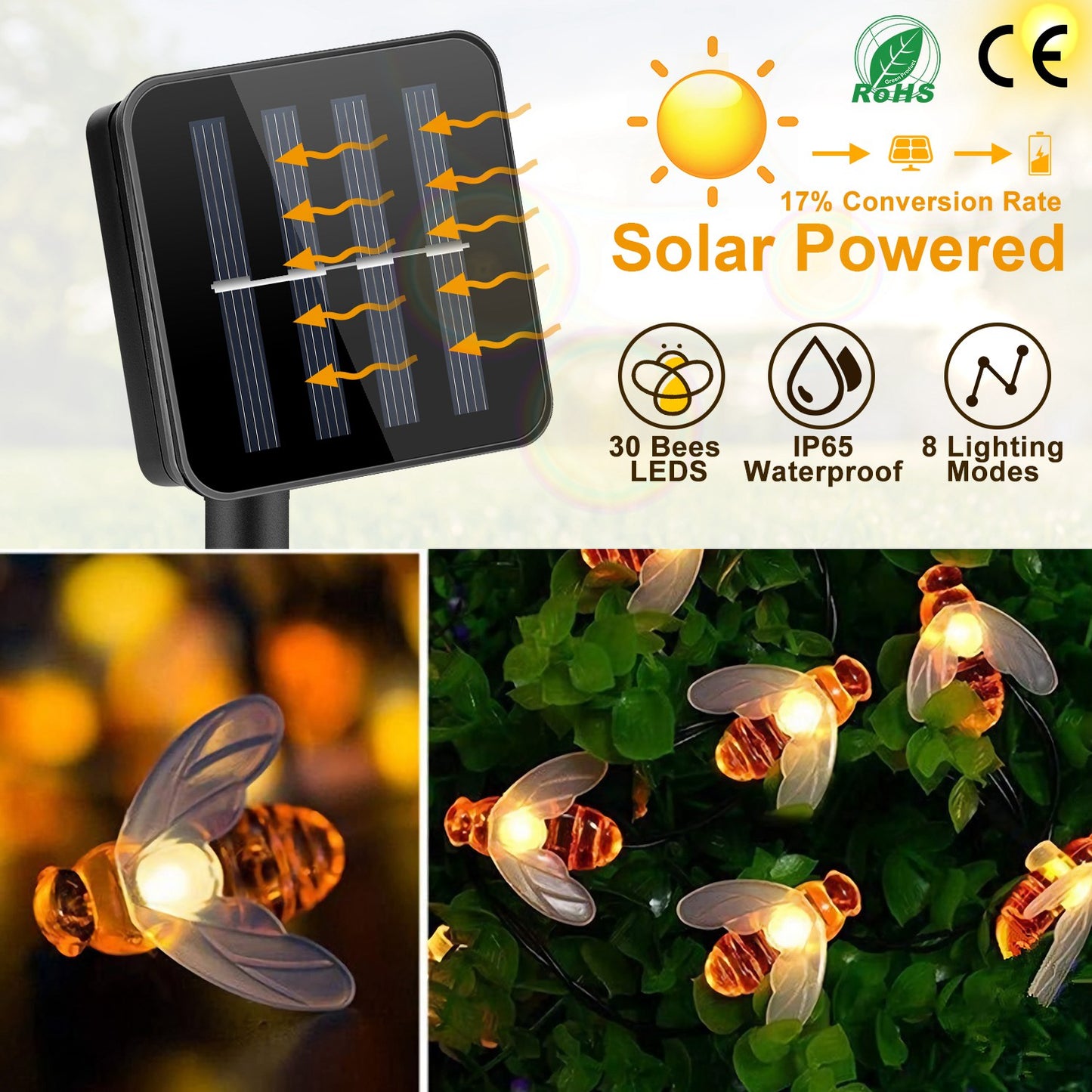 Solar String Bee Lights 30 Honeybees LED Fairy Solar Lights 8 Lighting Modes IP65 Waterproof Decorative Lamps w/ Stake Garden Lawn Flower Trees