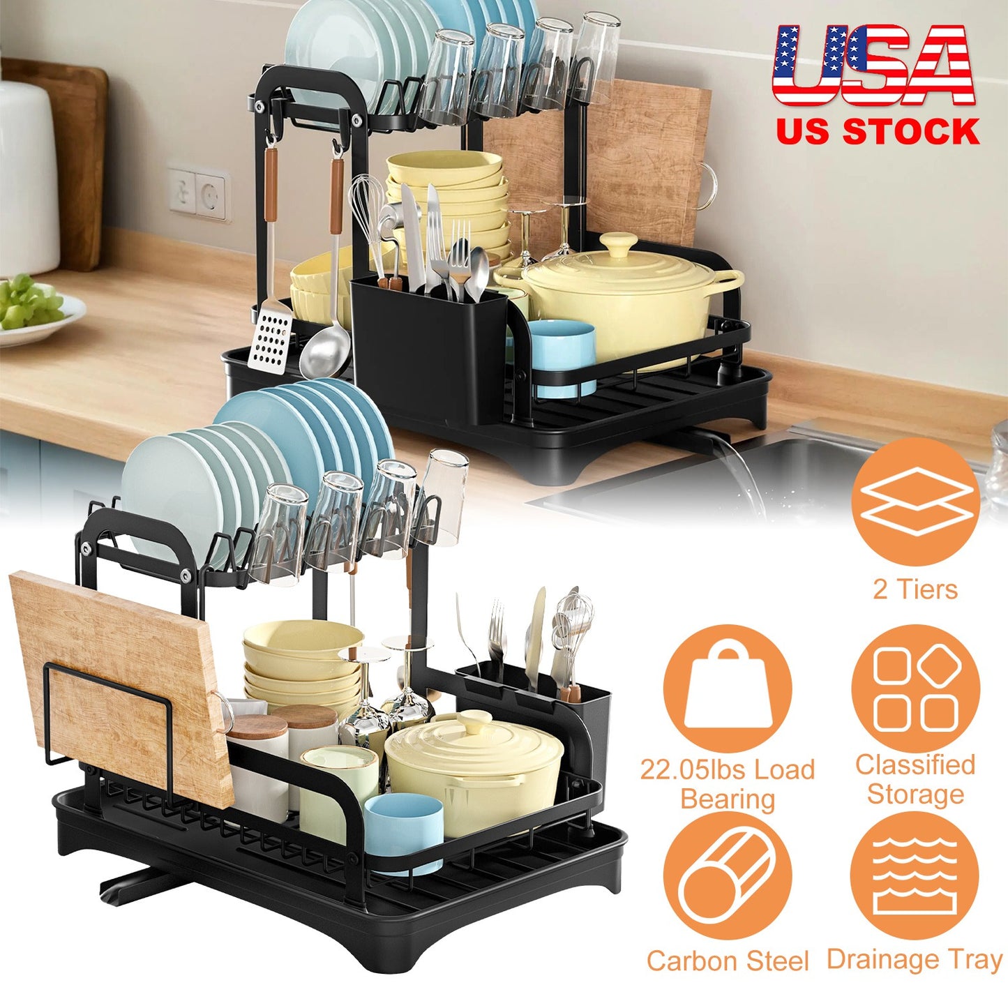 2-Tier Dish Drying Rack for Kitchen Counter Space Saving Rustproof Dish Rack with Drainboard Detachable Kitchen Drainer Organizer Set with Utensil Hol