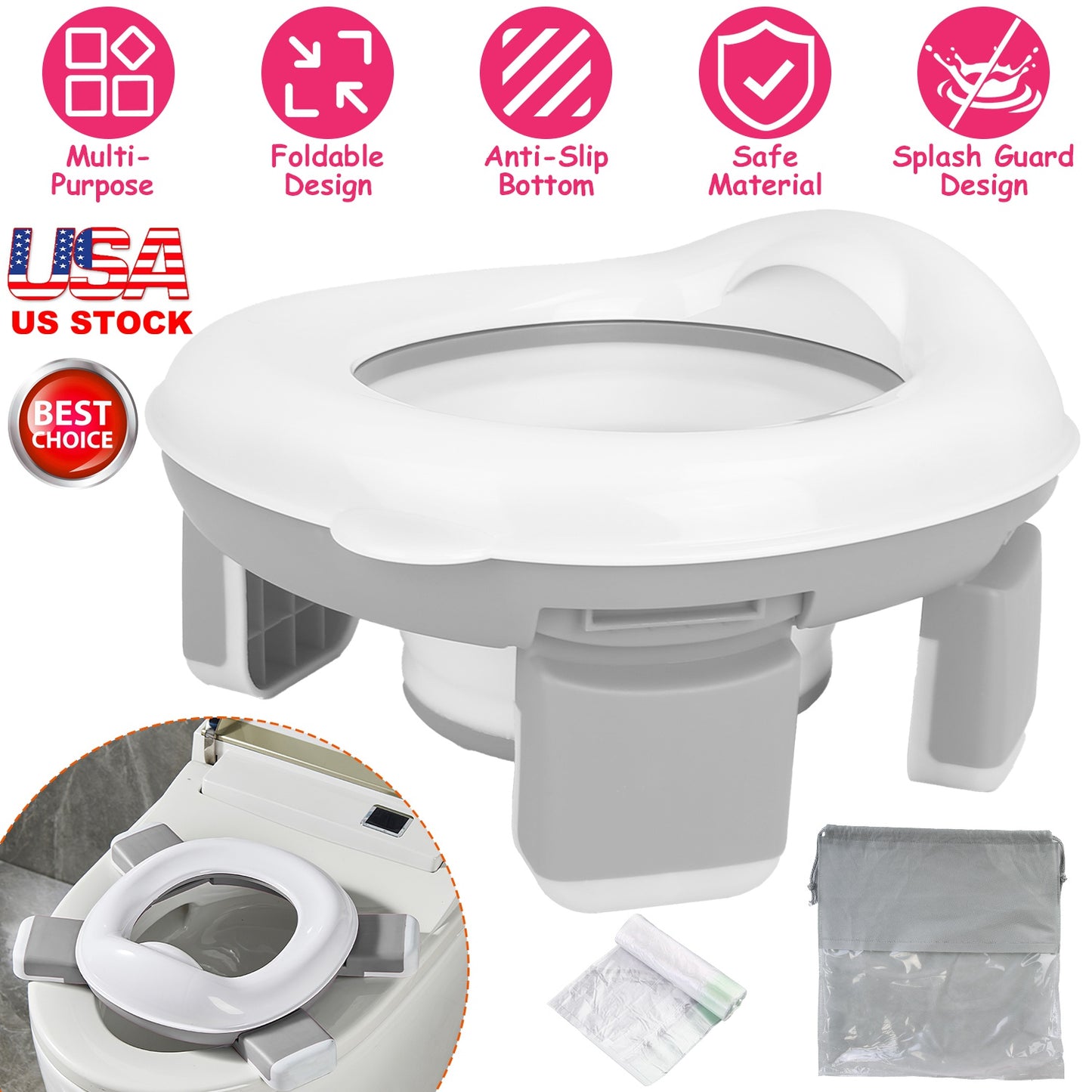 Portable Toddler Potty Toilet Foldable Potty Training Seat Cover with Splash Guard Include Storage Bag 20Psc Potty Bags Baby Toilet Trainer for Indoor