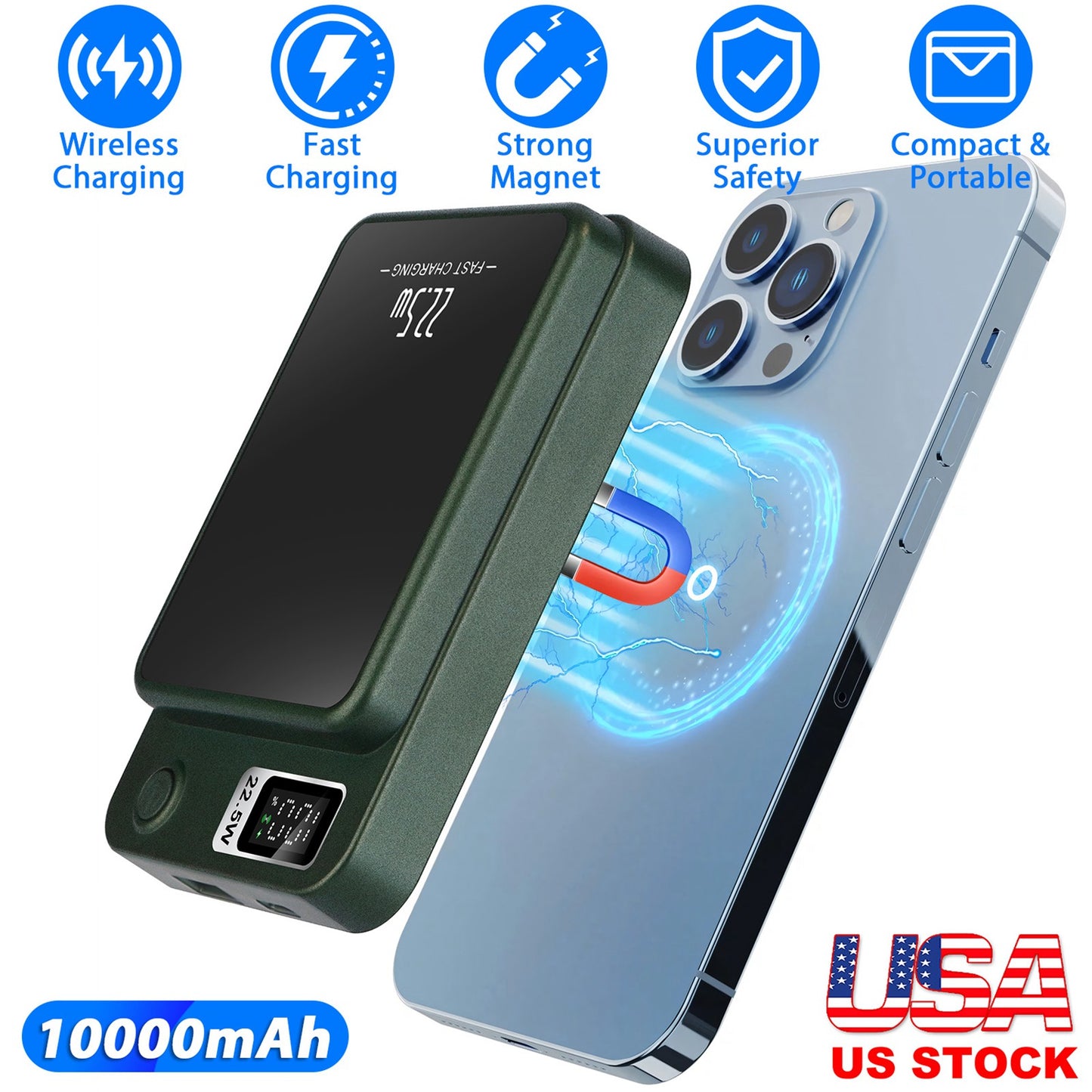 2 In 1 Magnetic Wireless Power Bank 10000mAh PD20W Fast Charger MagSafe Wireless Power Bank Fit for IOS Phones IOS Phone 14 Series And More