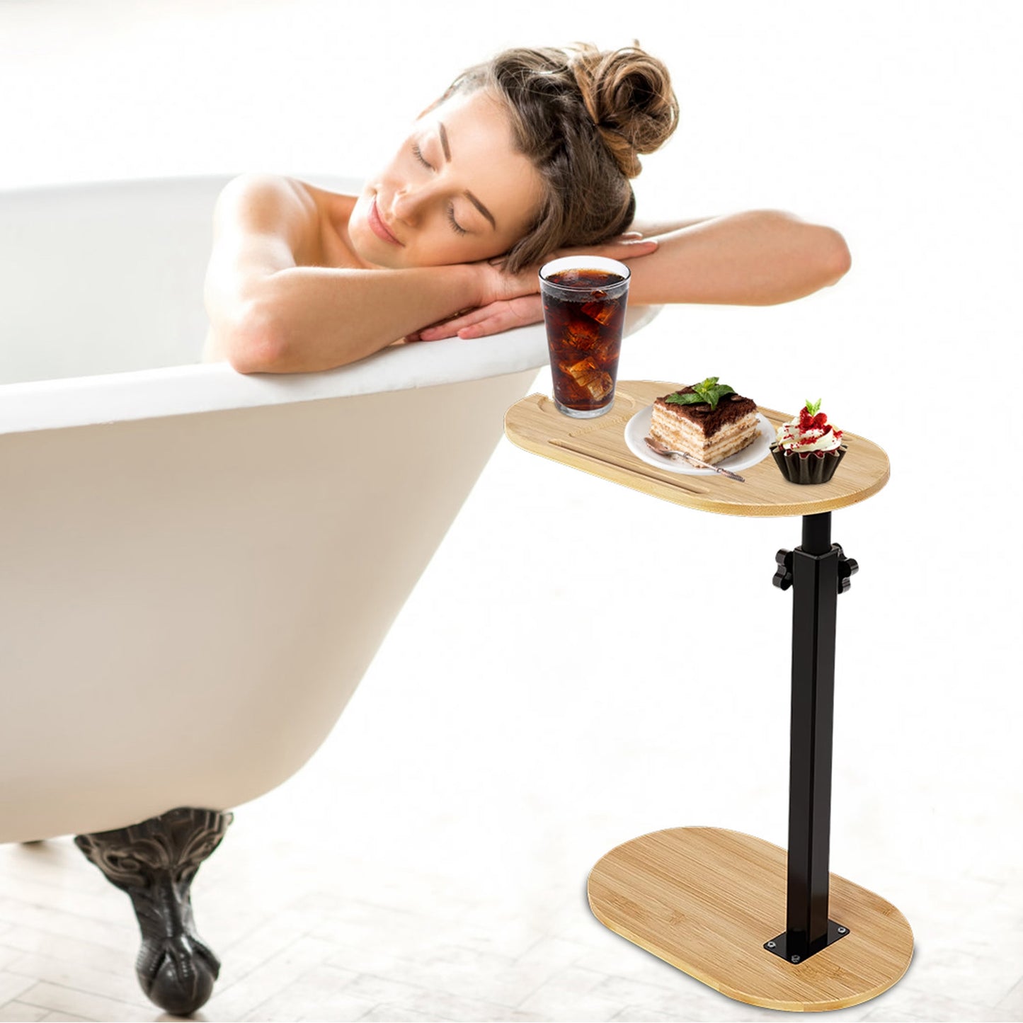 C-Shaped Bathtub Tray Table With Adjustable Height 360¡ Rotatable Desktop Freestanding Bath Caddy Against Wall Couch Bed Sofa Side Table