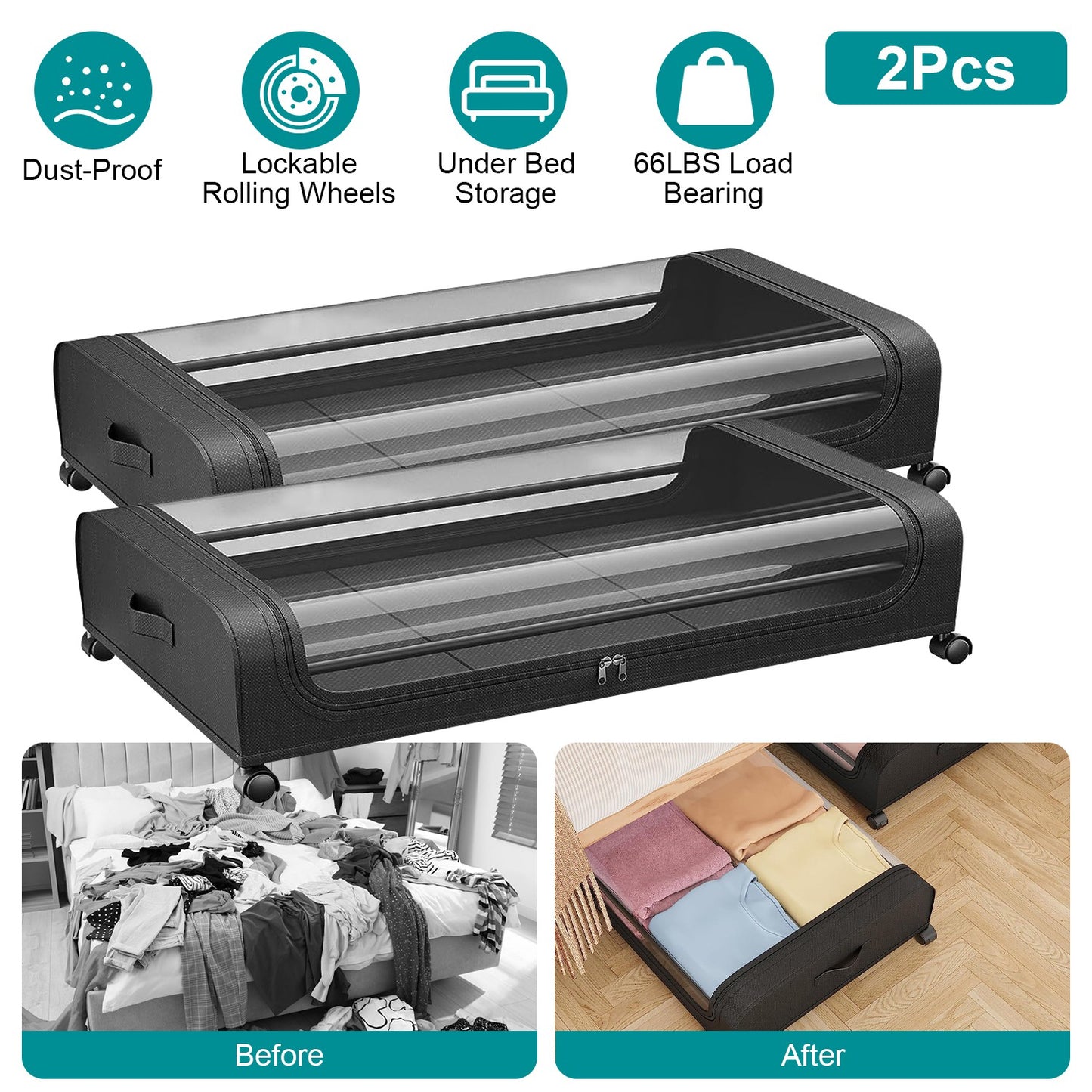 2Packs Under Bed Storage Containers Rolling Clothing Organizer 42L/11Gal Under BedÊDrawers with Clear Lid 360¡ Lockable Rolling Wheels Strap Handles