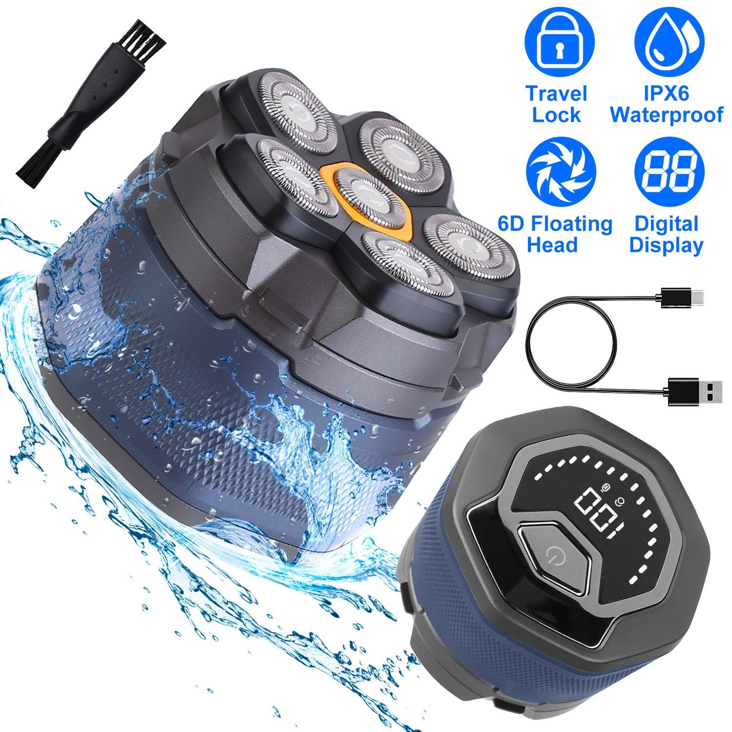 Cordless Electric Head Shaver For Men 6D Magnetic Floating Head IPX6 Waterproof Wet Dry Shaving Electric Razor Type-C Rechargeable Trimmer With LED Di