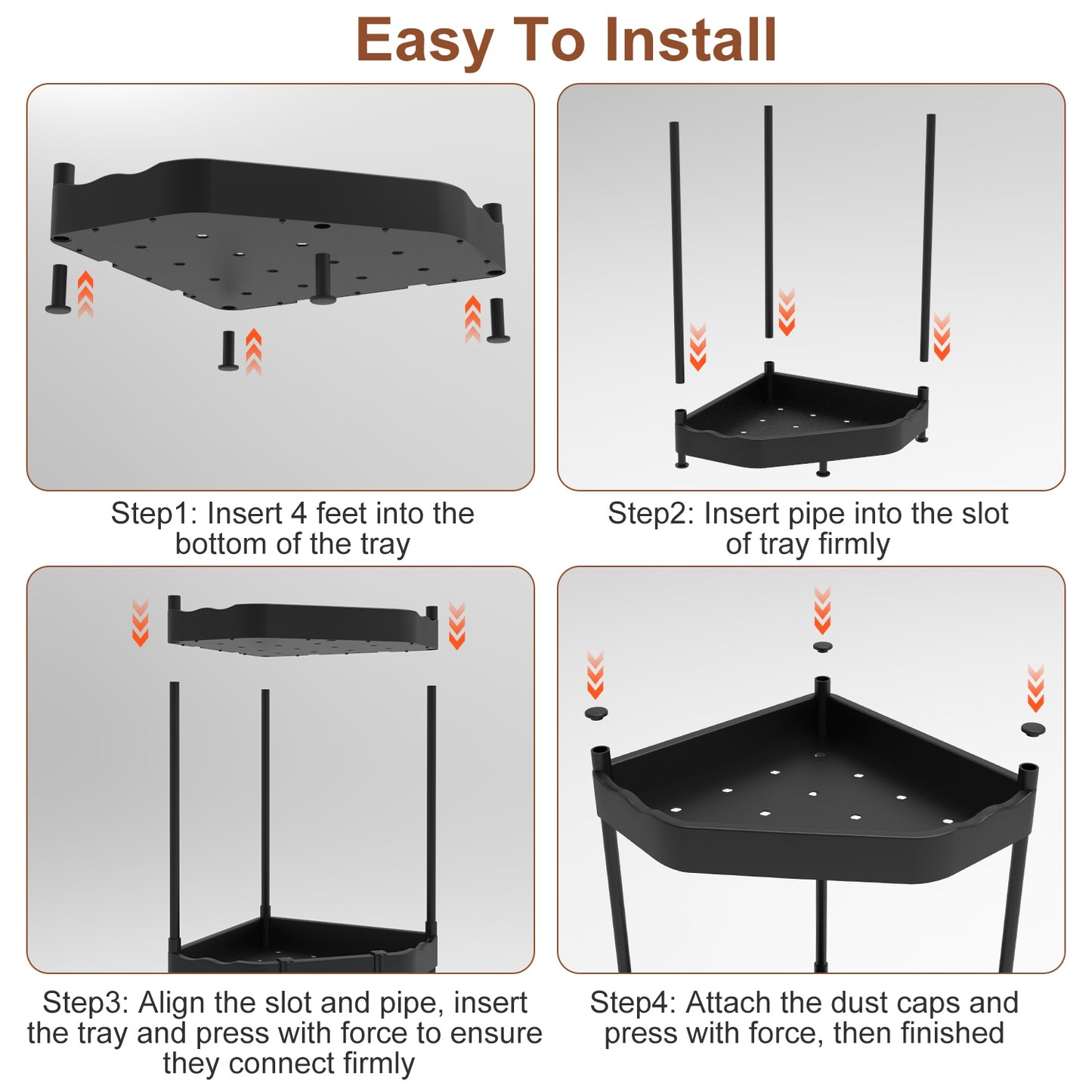 4 Tier Corner Shower Caddy Floor Standing Corner Shelf Carbon Steel Bathroom Storage Rack Organizer Stand with 4 Hooks for Bathroom Bathtub