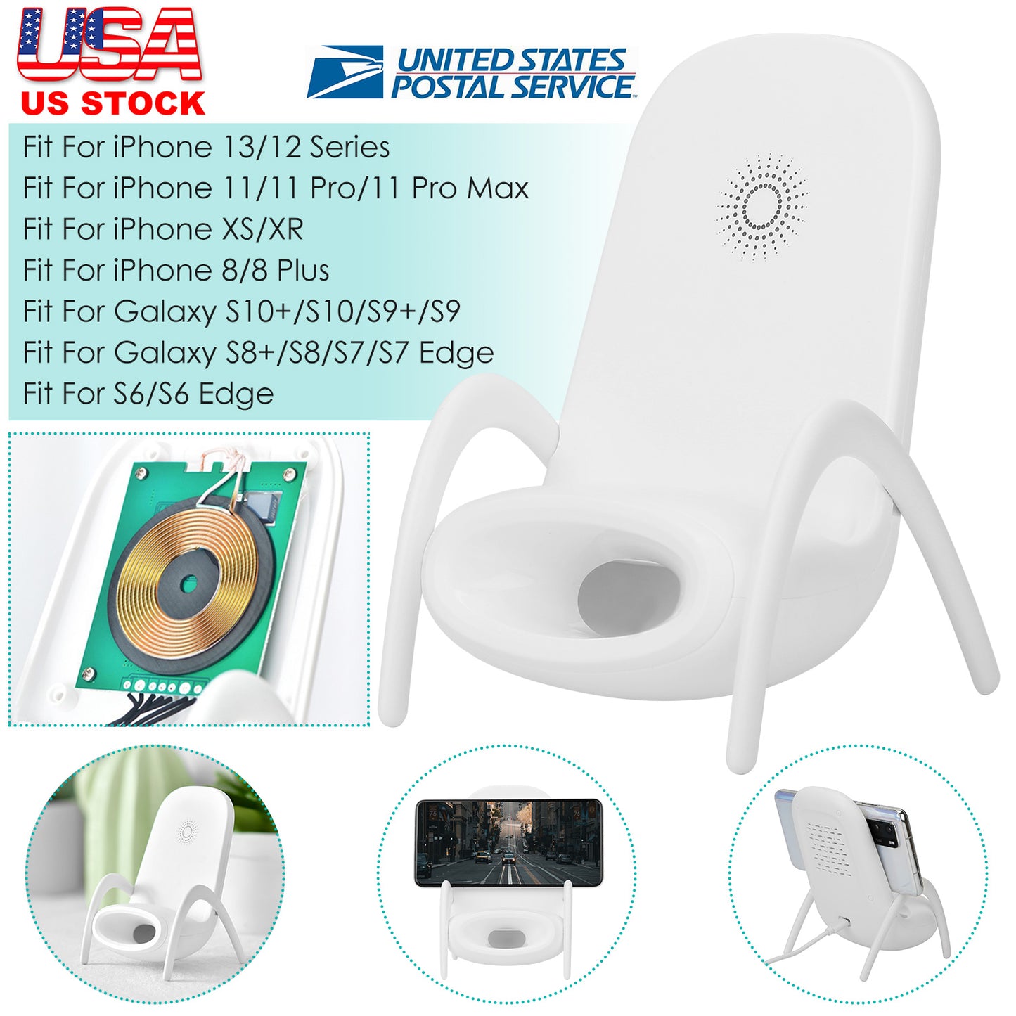 Wireless Charger Portable Mini Chair Phone Holder Stand Bracket with Physical Speaker Fit For All Phone with QC2.0 QC3.0 Standard