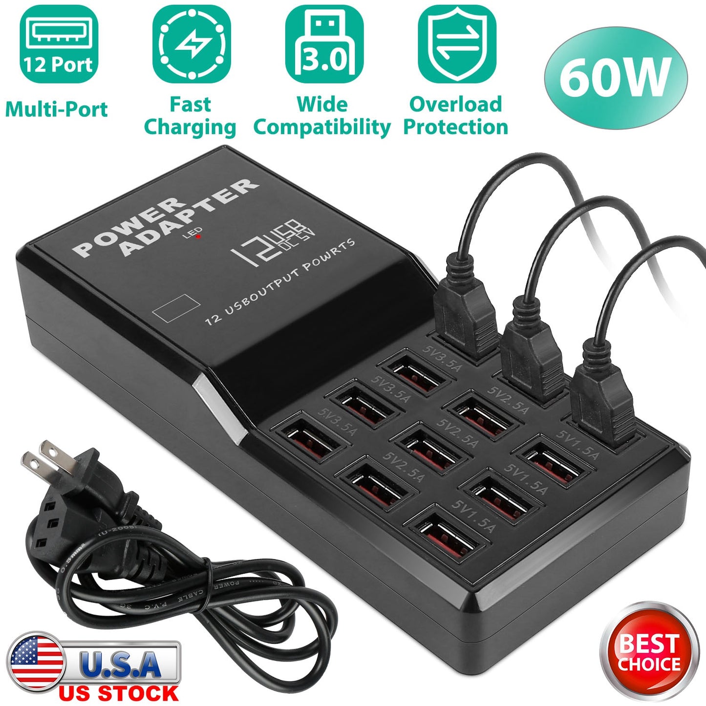 Multi 12 Port USB Charging Station Hub 60W Desktop USB Hub Multiple USB Charger Fast Charge For iPod iPhone 3.74ft Power Cord