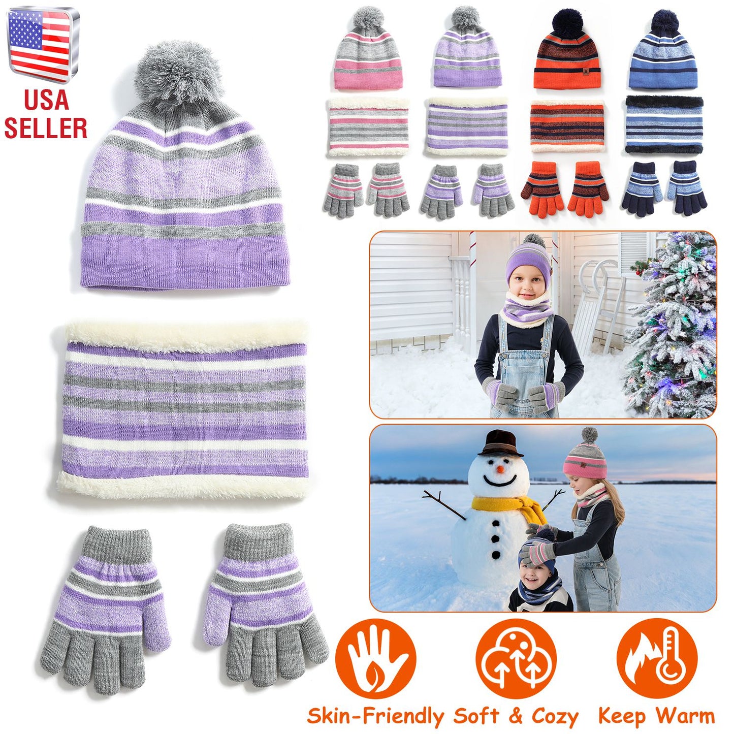 Winter Kids Knitted Hat Scarf Gloves 3Pcs Boys Girls Winter Warm Beanie Hat and Glove Scarf Set Beanie Neck Warmer Mittens for 4-7-Year-Old Kids