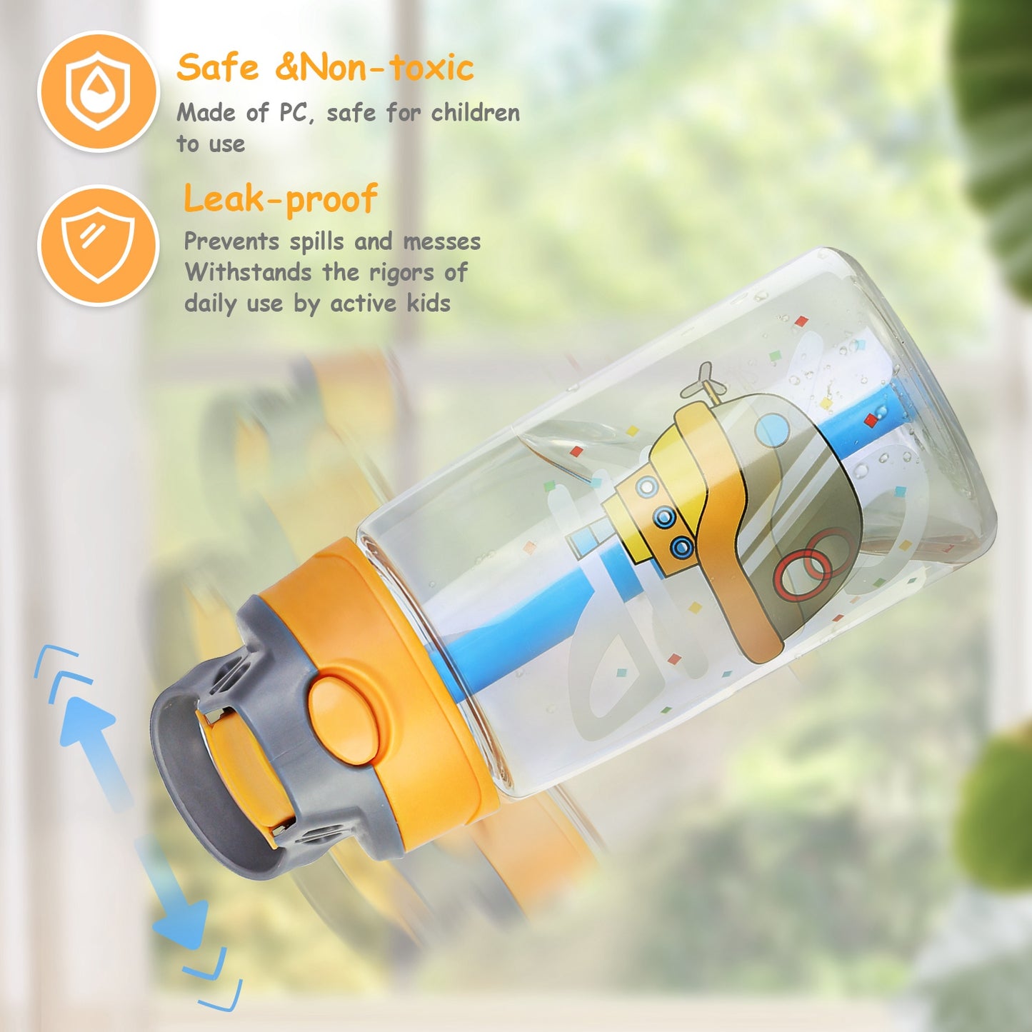 16.2Oz Leak-proof Kids Water Bottle with Straw Push Button Sport Water Bottle for Kids Crab Ship Jellyfish Rocket