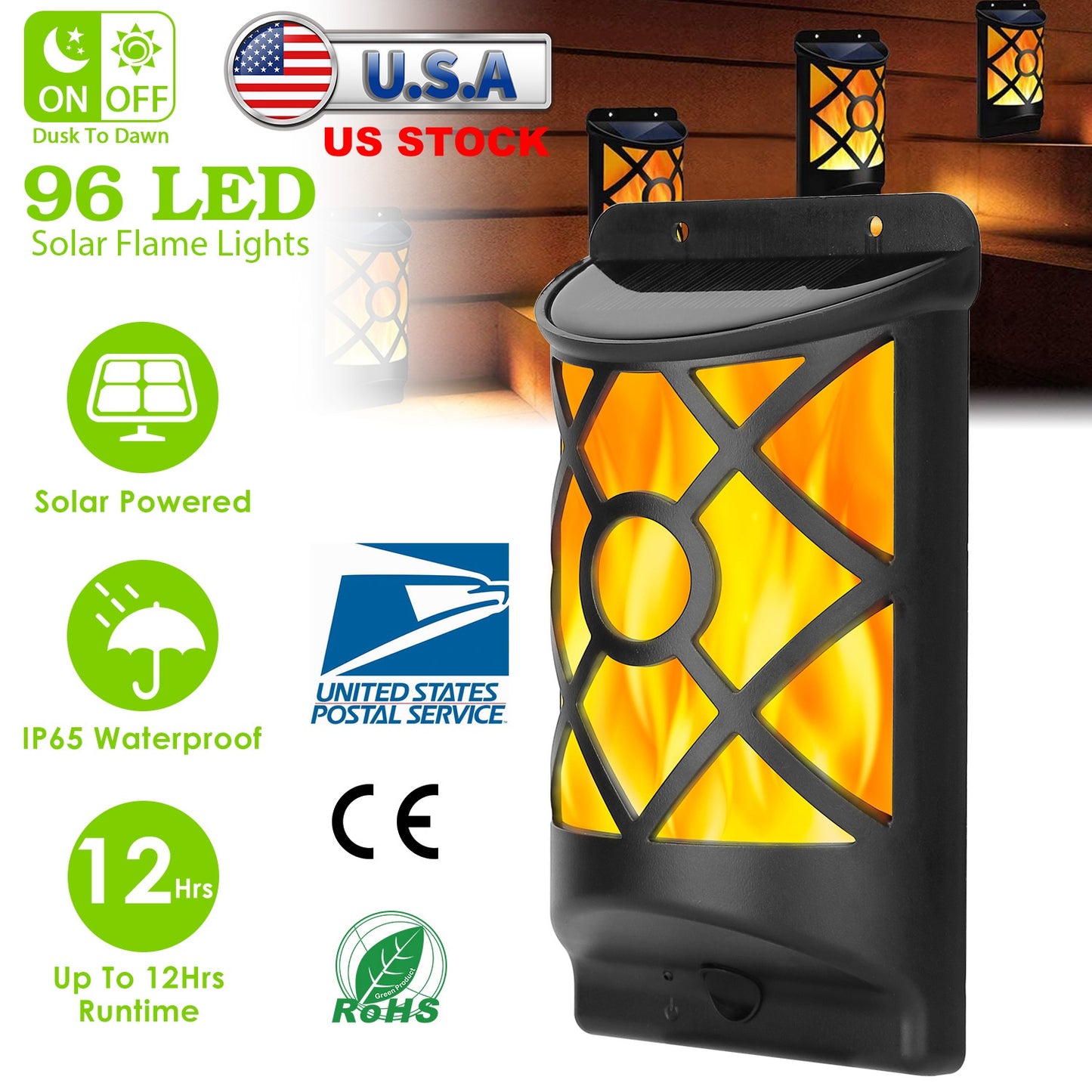 Flame Solar Lights Outdoor 96 LEDs Waterproof Flickering Flame Wall Mount Lamp Auto On Off Sensor Decorative Landscape Night Lamp For Deck Patio Yard