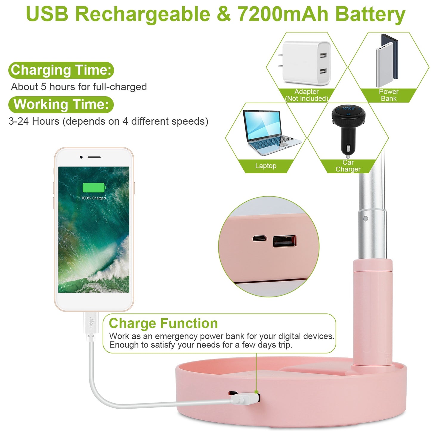 Portable Folding Desk Table Fan Quiet USB Rechargeable Telescopic Standing Floor Fan w/ 4 Speeds Adjustable Height 180¡ Tilting Angle For Office Home