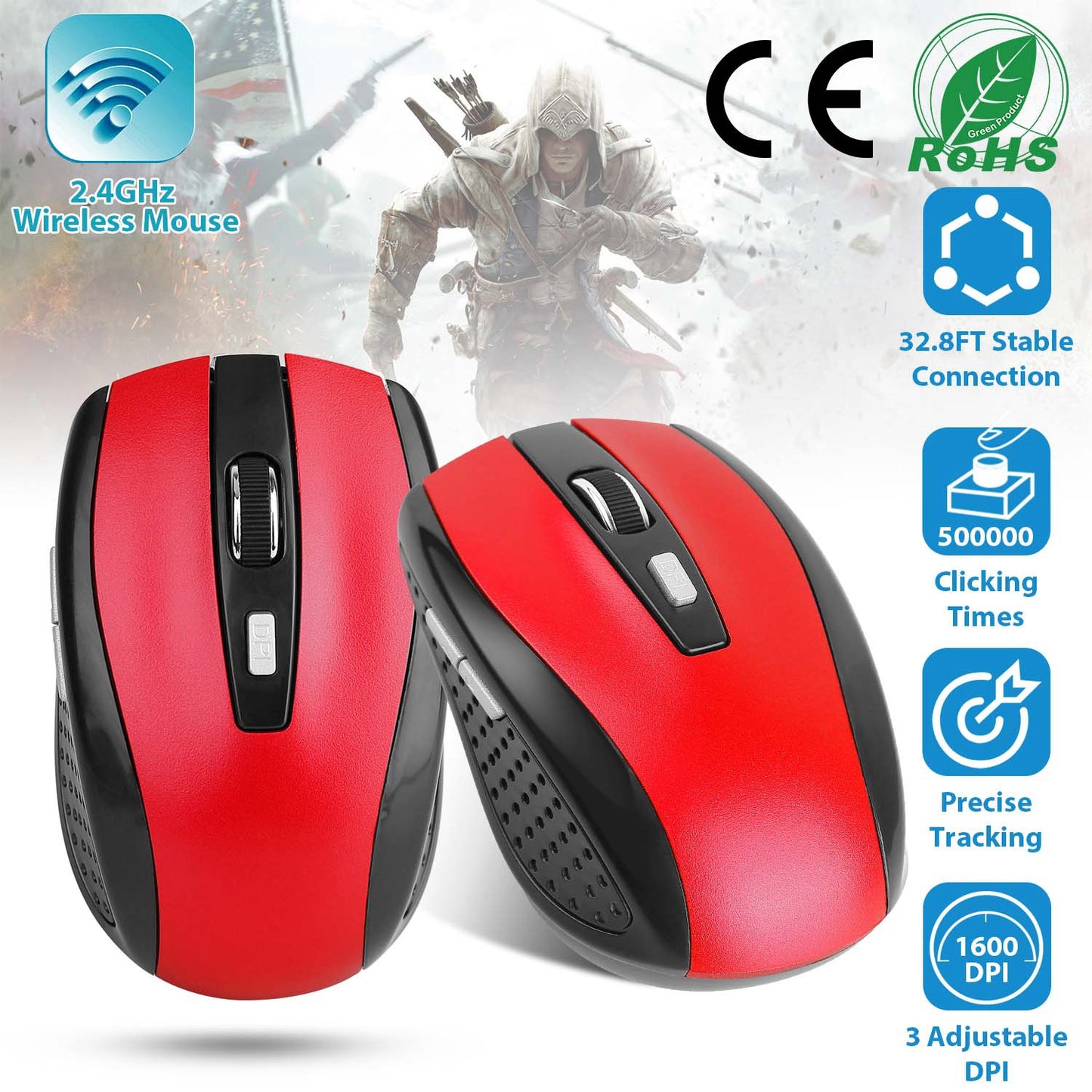 2.4G Wireless Gaming Mouse Optical Mice w/ Receiver 3 Adjustable DPI 6 Buttons For PC Laptop Computer Macbook