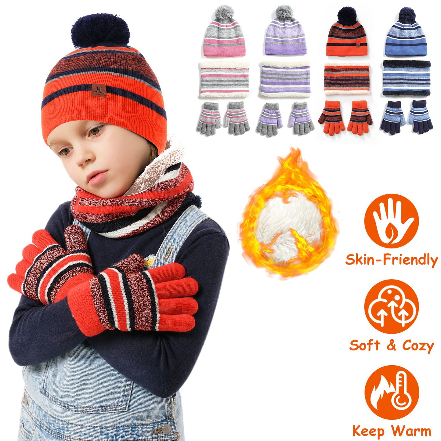 Winter Kids Knitted Hat Scarf Gloves 3Pcs Boys Girls Winter Warm Beanie Hat and Glove Scarf Set Beanie Neck Warmer Mittens for 4-7-Year-Old Kids