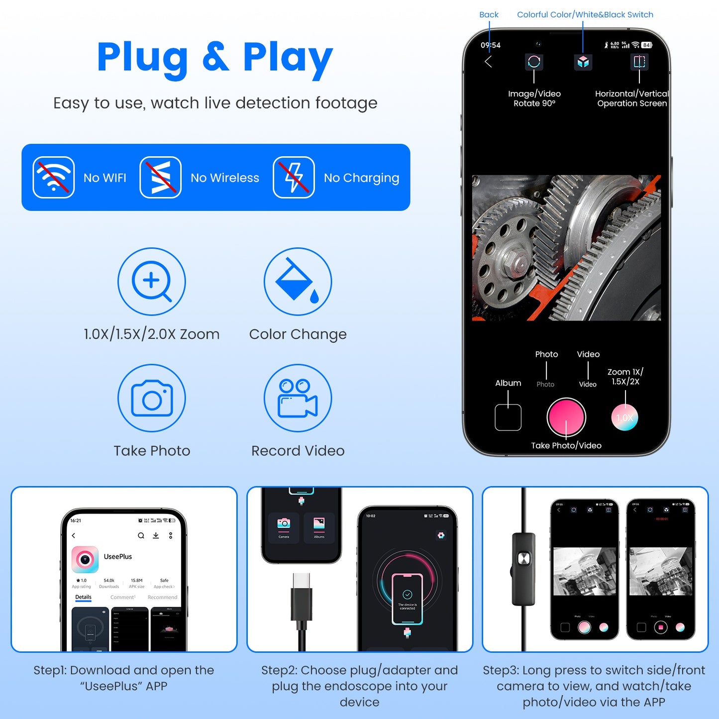 1920P HD Endoscope Camera – IP67, Dual Lens, 16.4ft Snake Cable, LED, App Control