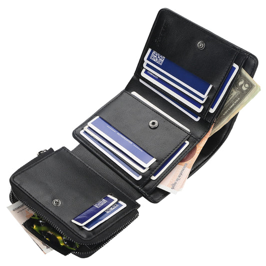 MenÕs Leather Wallet ID Card Holder Purse Trifold Clutch Money Zipper with ID Window14 Credit Card 1 ID Card