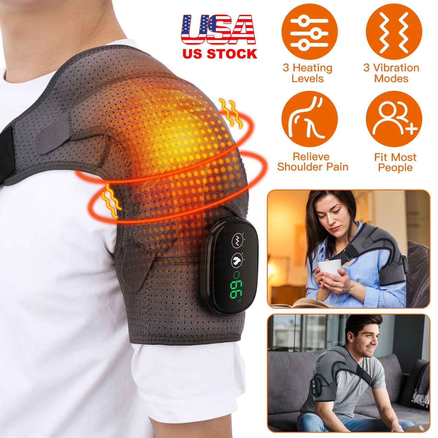 Cordless Shoulder Heating Pad Rechargeable Heated Shoulder Wrap MassagerÊShoulder Brace Supports with 3 Heating Levels 3 Vibration Modes for Left Righ