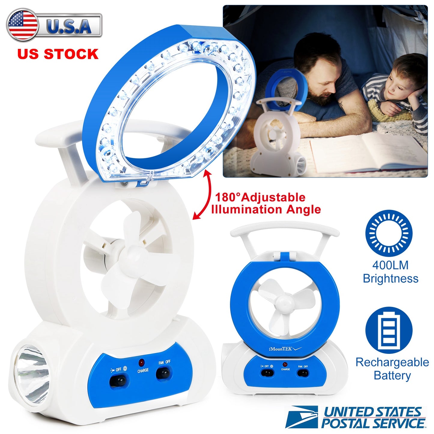 Desk Cooling Fan w/180¡Adjustable LED Lamp Baby Stroller Fan Emergency Flashlight Torch for Household Camping Traveling