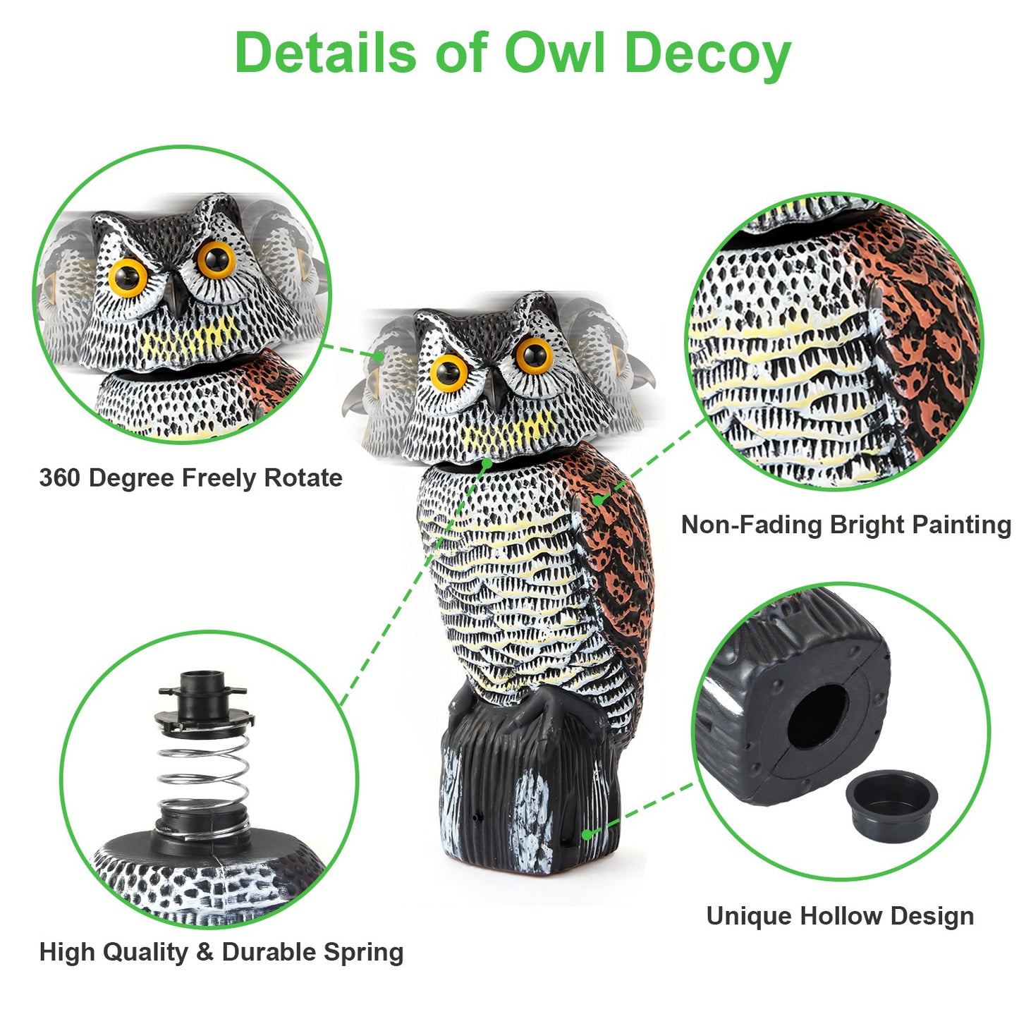 Lifelike Owl Decoy with 360 Degree Rotatable Head Scare Bird Squirrel Away Pest Repellent Bird Deterrent Outdoor Garden Yard Protector