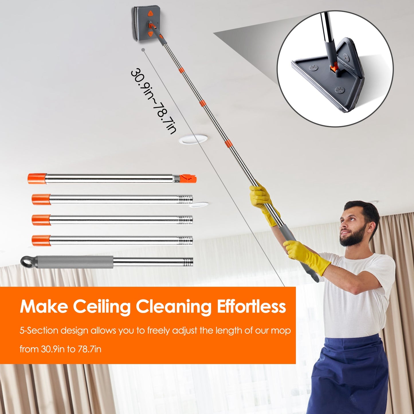2 In 1 Baseboard Cleaner Mop Wall Cleaner Mop With Squeegee Extendable Long Handle 8 Reusable Fiber Flannel Chenille Mop Pads 360¡ Rotatable Convex De