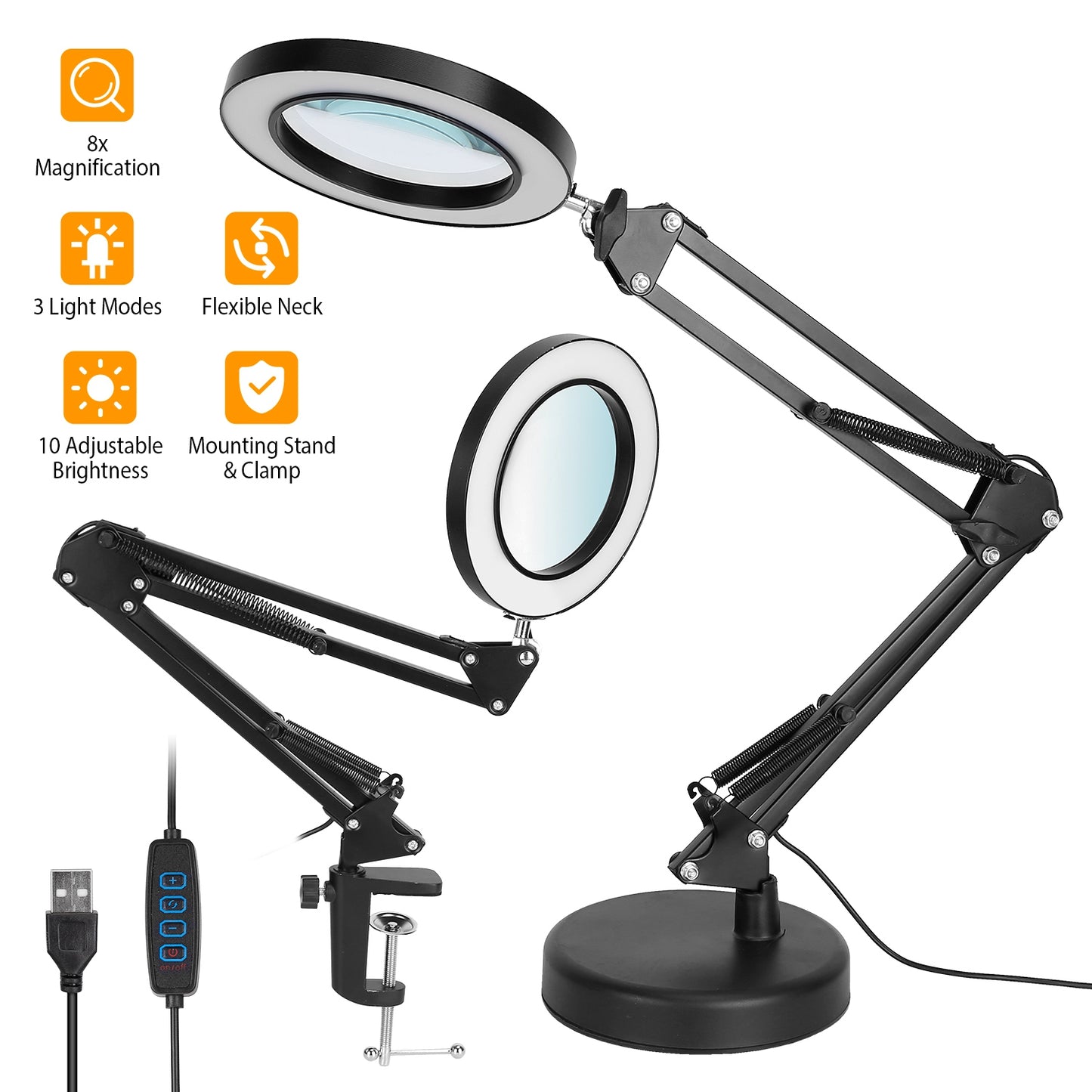 2-in-1 LED Magnifier Desk Lamp 8x Magnifying Glass with Light Swing Arm Desk Table Light USB Reading Lamp with Clamp Stand 10 Brightness 3 Modes