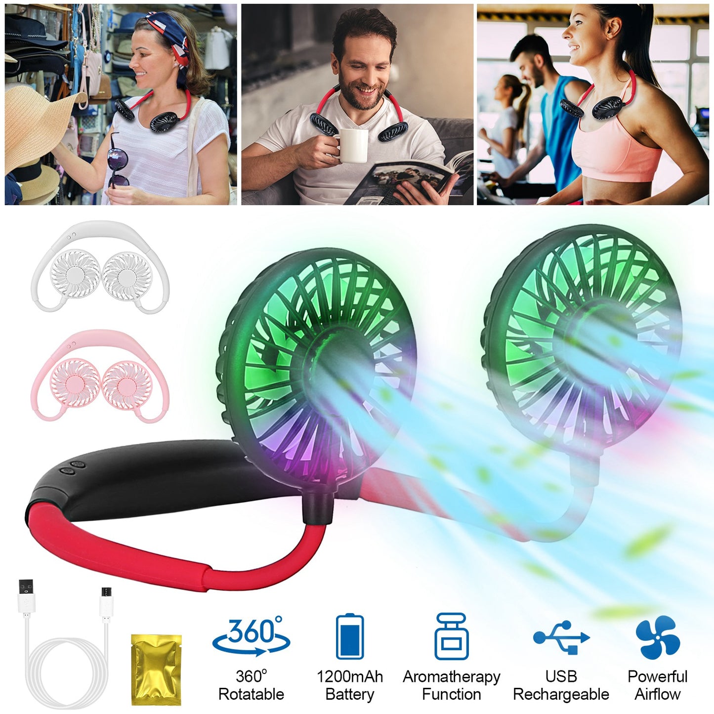 Neck Hanging Fan Hand Free Portable Aromatherapy USB Fans 360¡Rotatable Rechargeable Dual Cooling Fans w/Color Changing Led