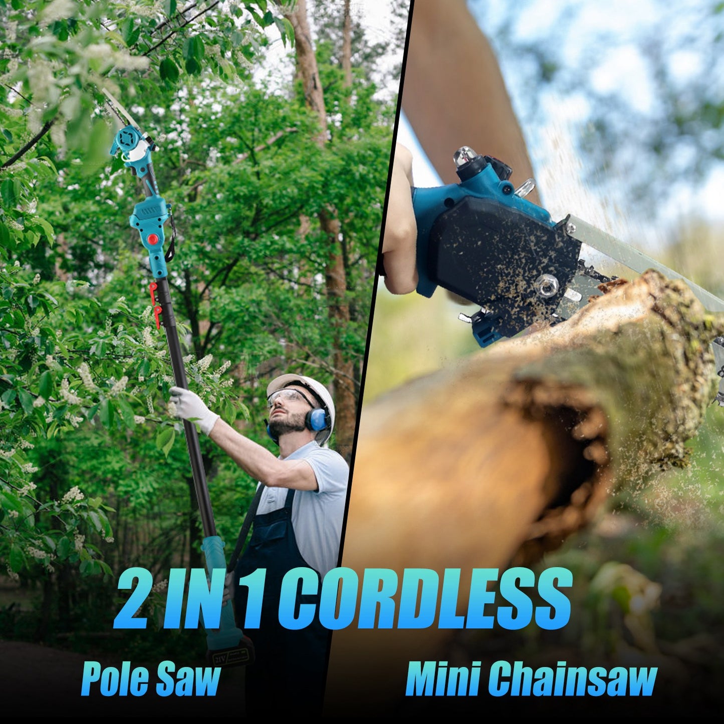 2-IN-1 Cordless Pole Saw And Mini Chainsaw With Extension Pole 21V Battery 8Ó Electric Brushless Pole Chainsaw with Auto Oiler Safety Switch 6.4LBS Li