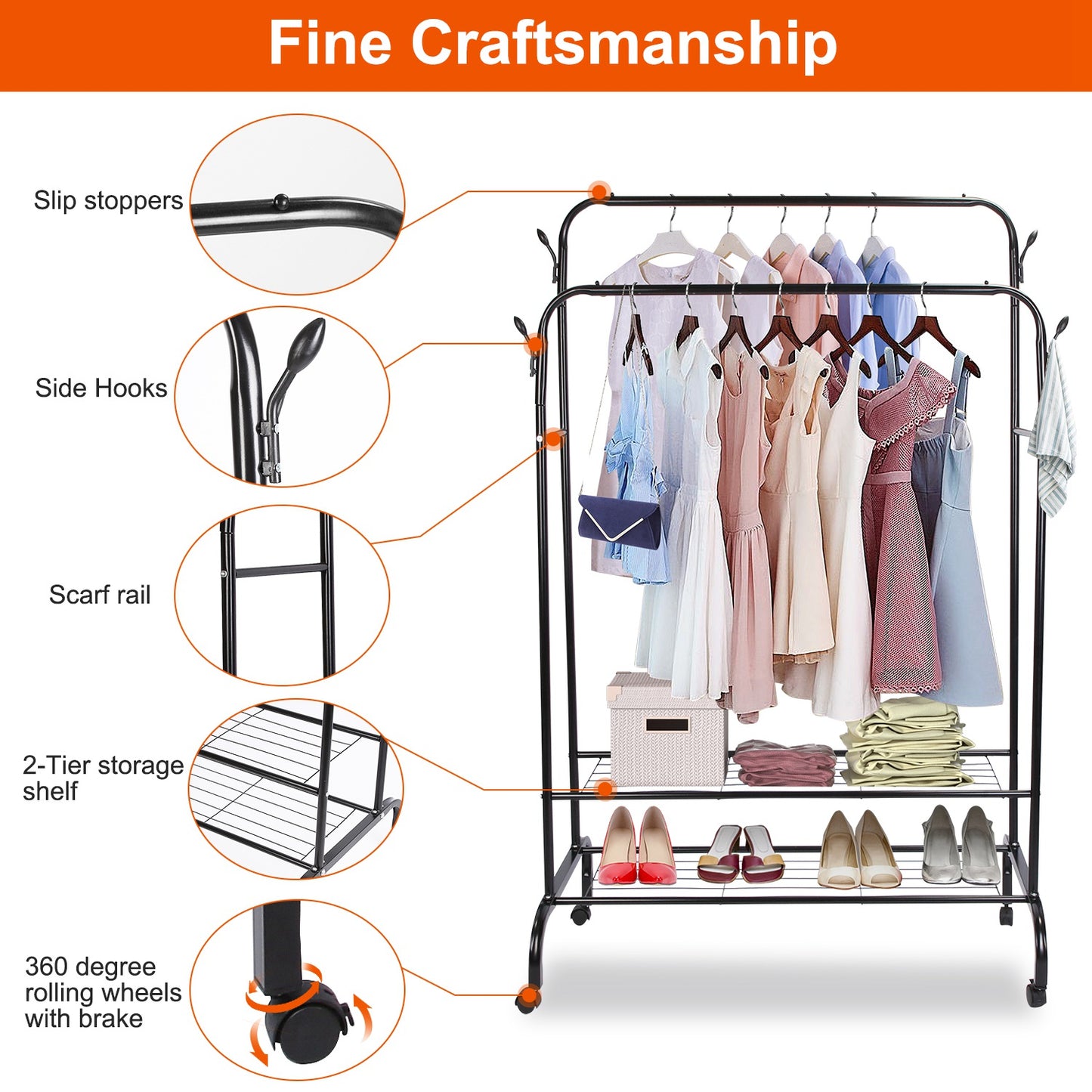 Garment Hanging Rack Clothing Hanging Rail Pillow Shoe Display Organizer Clothes Organizer Stand with 2 Rails 2 Shelves 4 Rolling Wheels 4 Hooks
