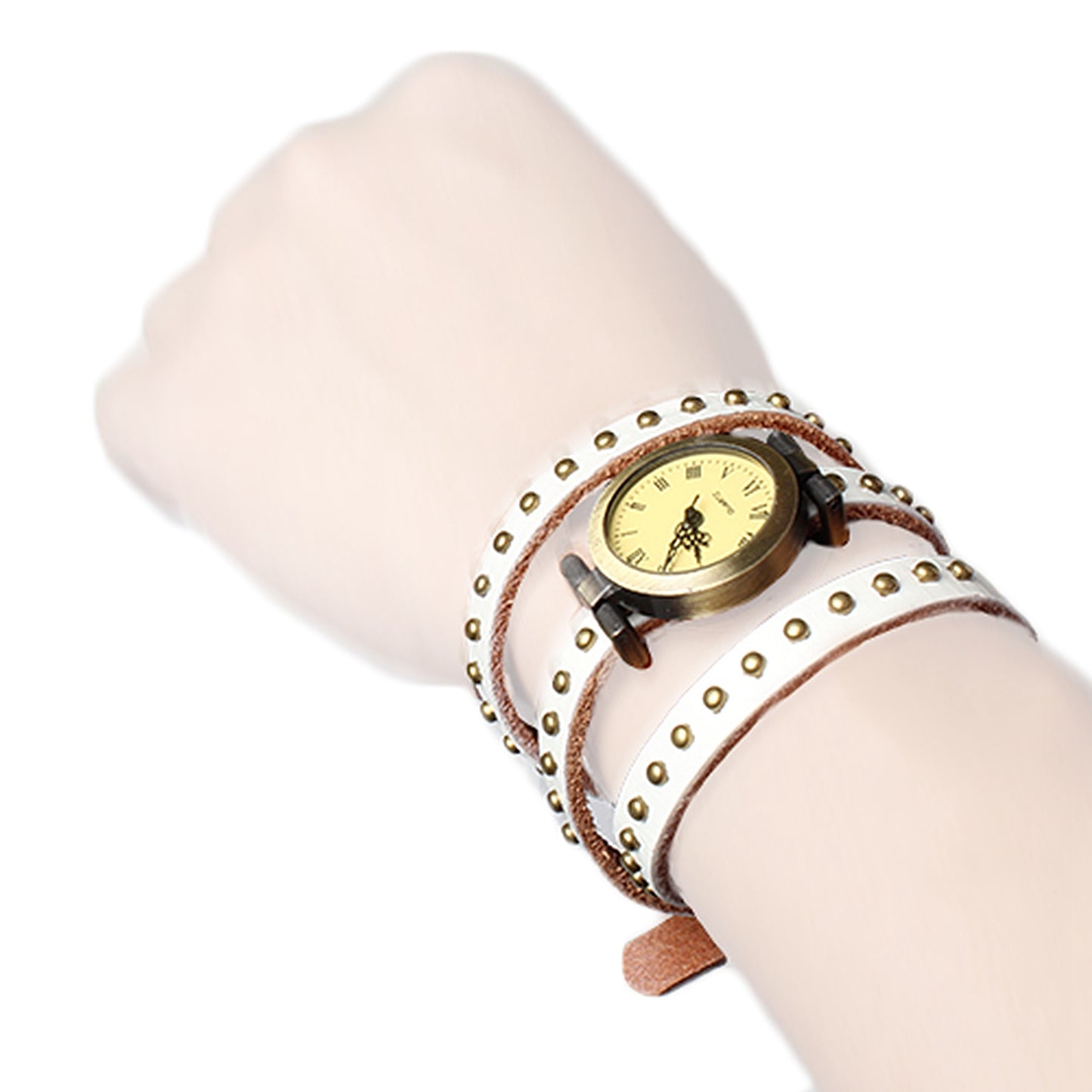 Fashionable Rivet Leather Belt Retro Watch Hand Chain-white
