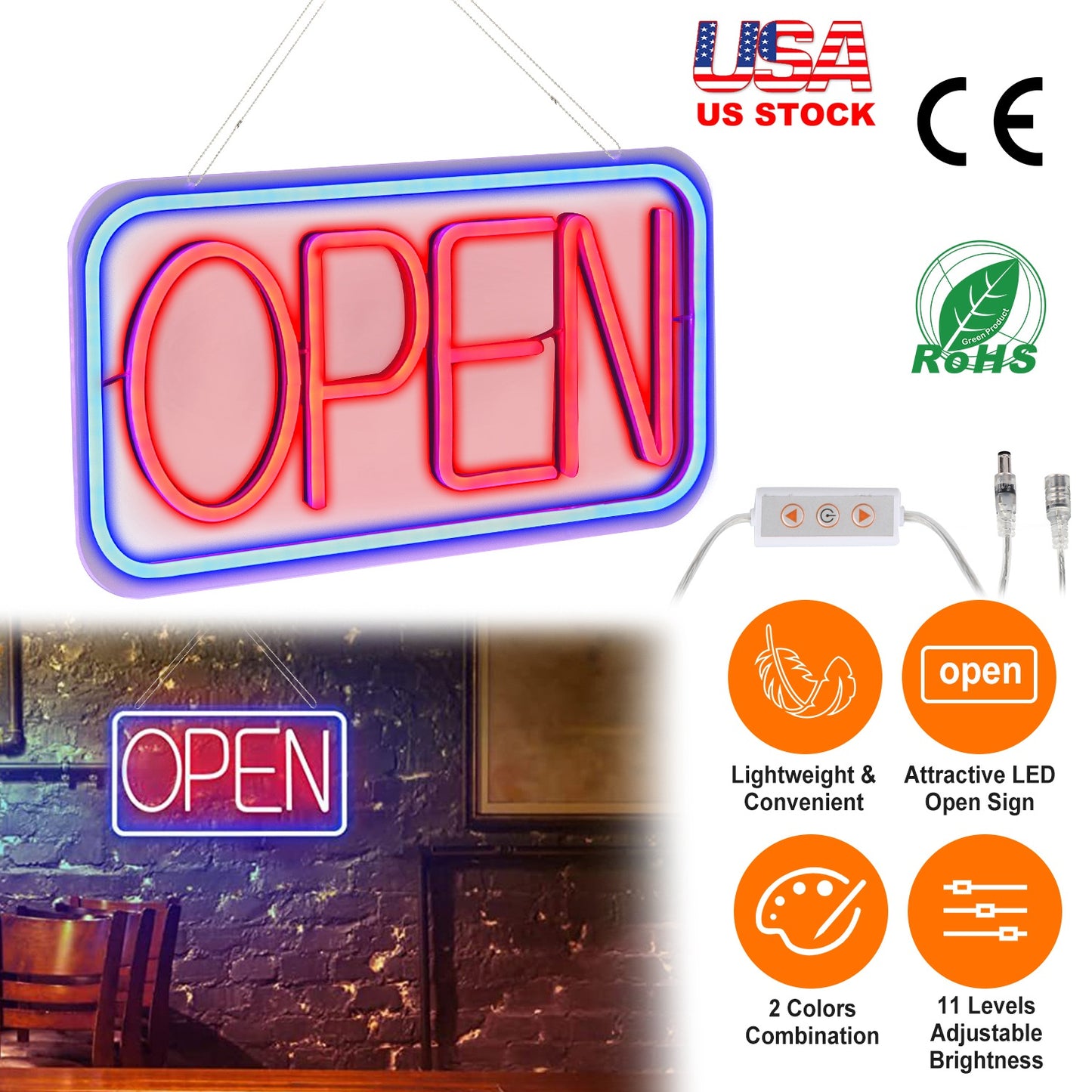 LED Open Sign 16.5x9.1in Business Neon Open Sign Advertisement Board with 11 Levels Adjustable Brightness