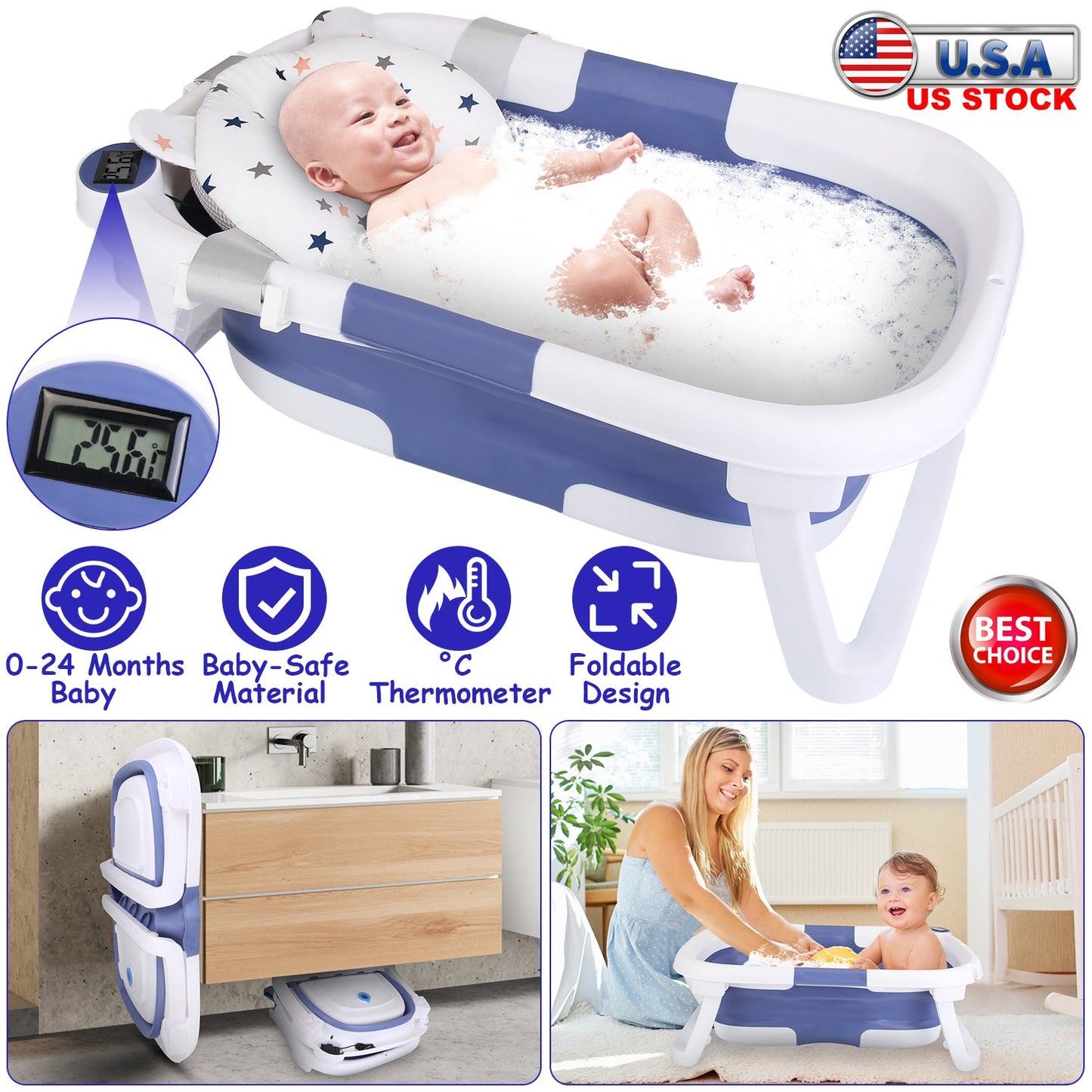 Baby Bath Tub with Thermometer Collapsible Travel-Friendly 0-24Months Baby Bathtub with Drain Hole For Newborn Infant Toddler Odorless Non-Toxic Folda