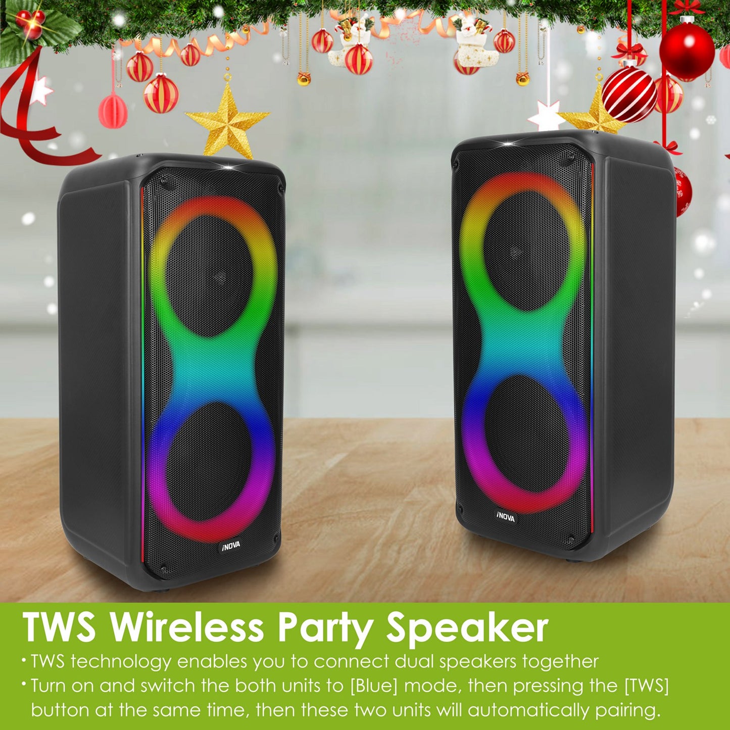 Portable Wireless Party Speaker with 7 Colorful Lights Remote Control Party Speaker with TWS Function FM Radio USB MMC Card Reading Aux In Recording F