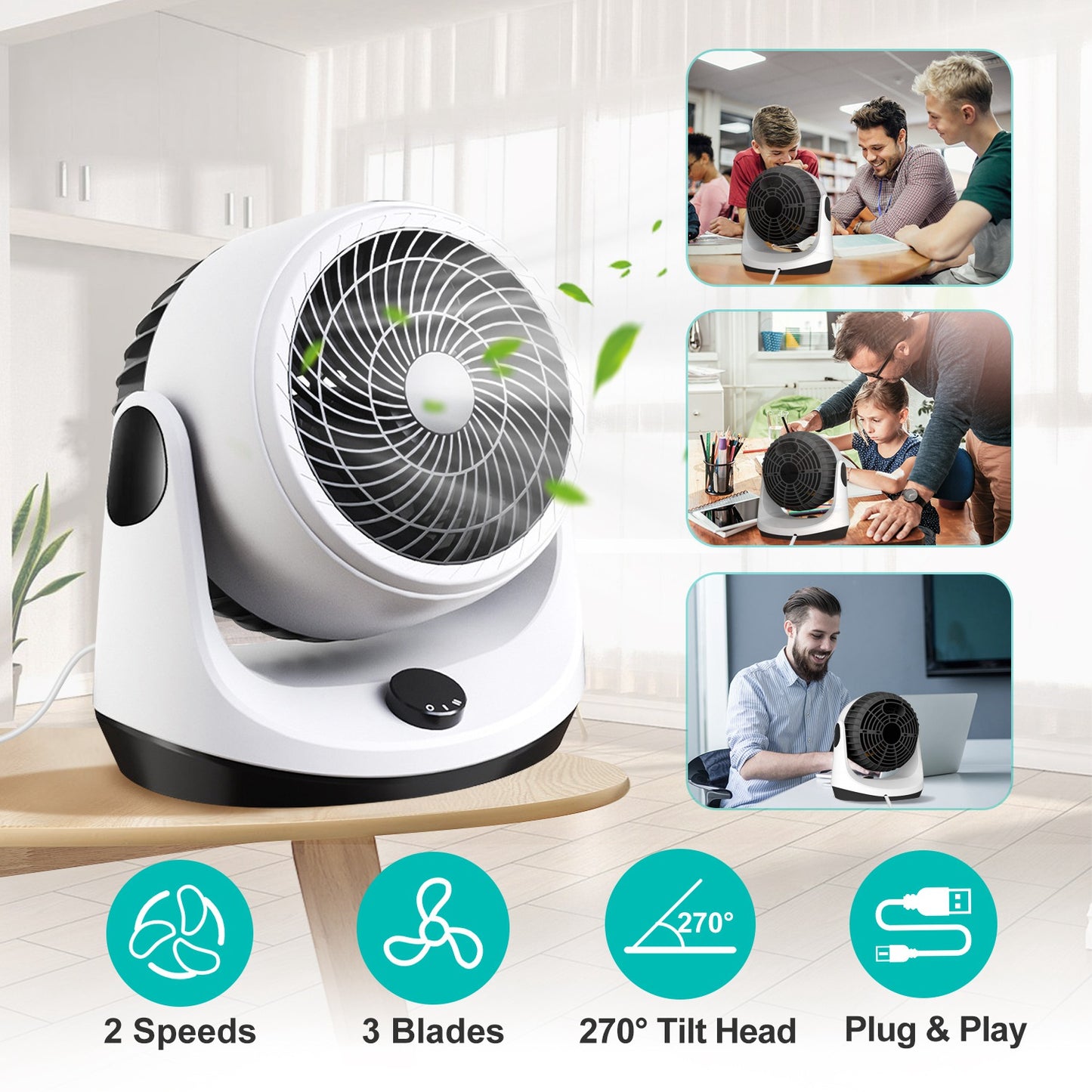 Table Desktop Fan Air Circulator Office Fan with 2 Speeds 270¡ Adjustable Head USB Plug Play for Room Office Kitchen Office