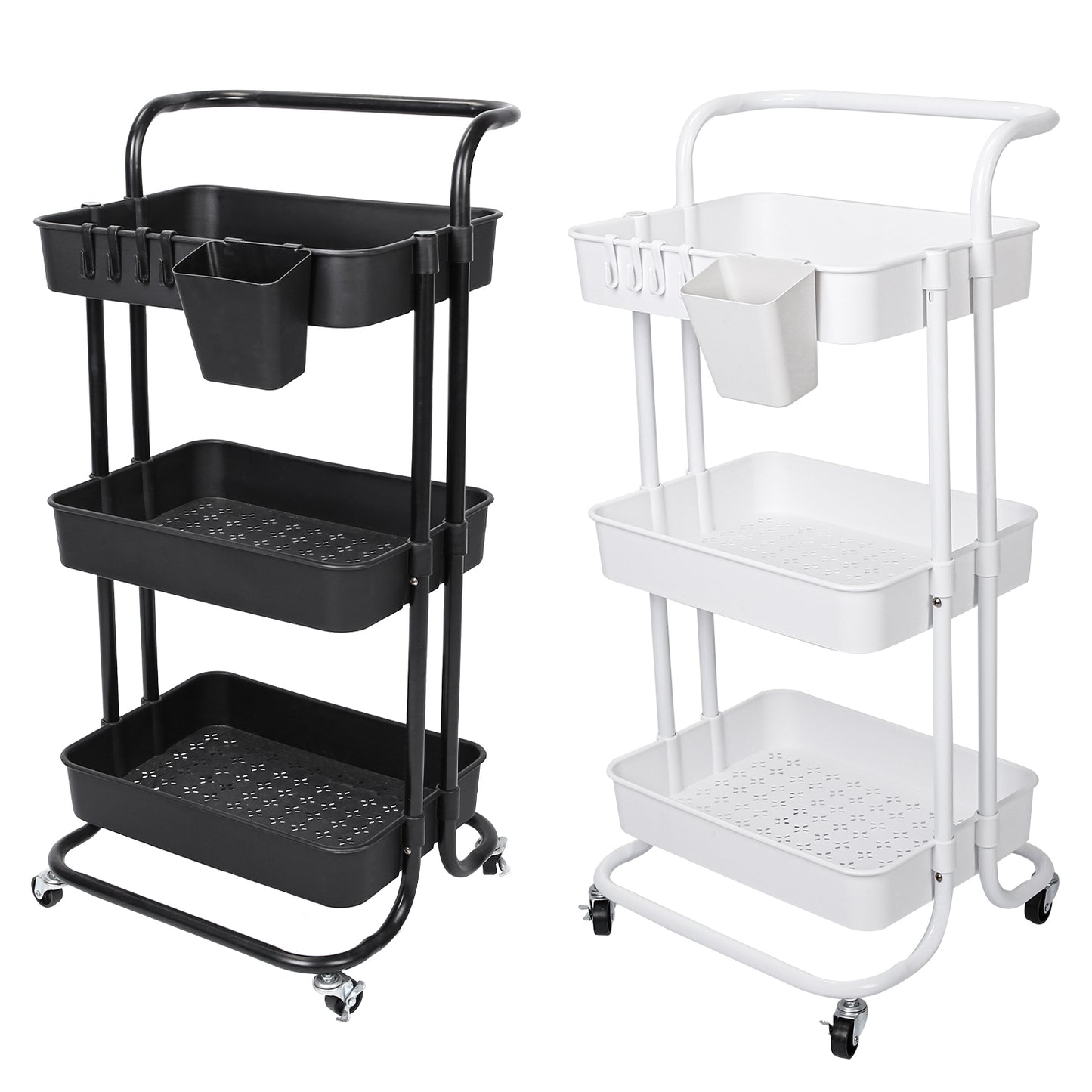3 Tier Rolling Utility Cart Movable Storage Organizer with Mesh Baskets Lockable Wheels 360 Degree Rotatable Hanging Box Hooks Bedroom Bathroom Kitche
