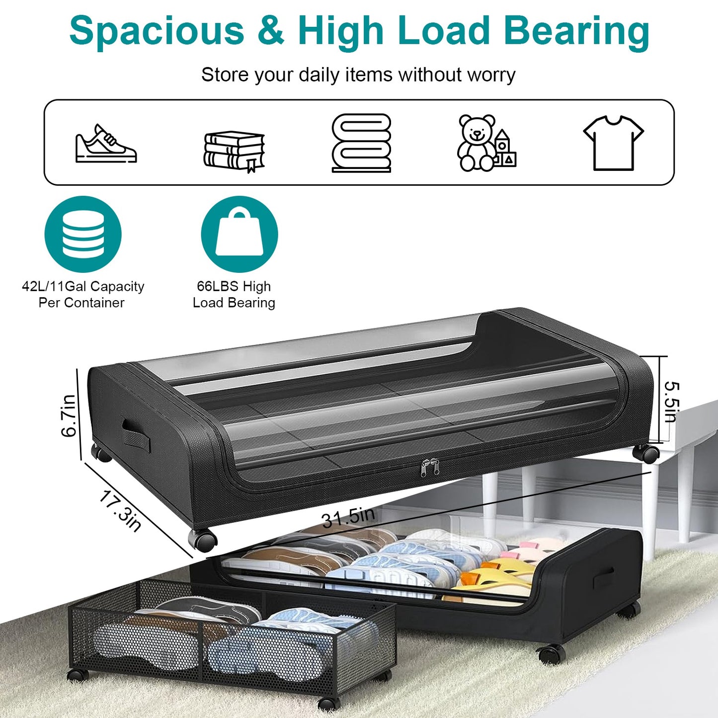 2Packs Under Bed Storage Containers Rolling Clothing Organizer 42L/11Gal Under BedÊDrawers with Clear Lid 360¡ Lockable Rolling Wheels Strap Handles