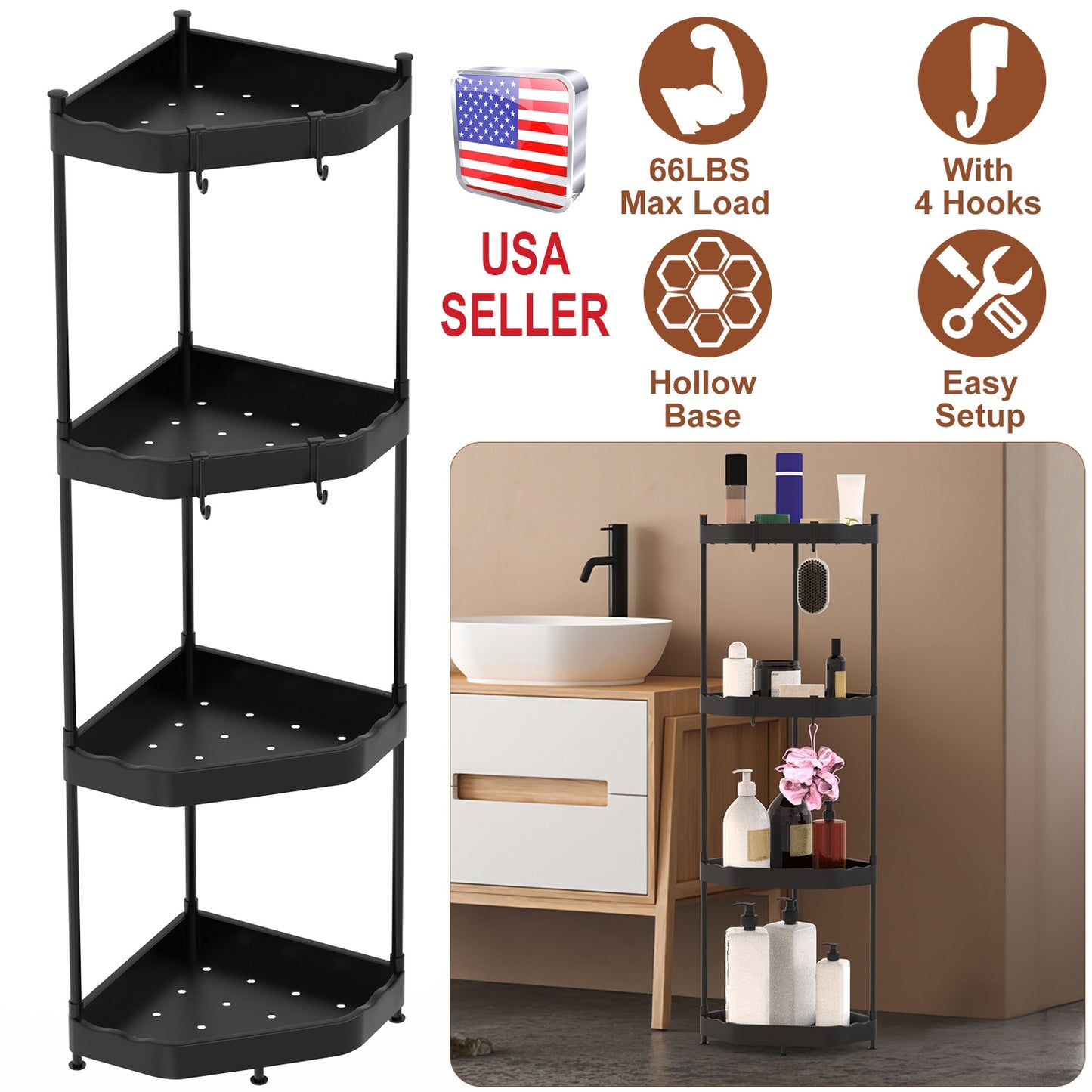 4 Tier Corner Shower Caddy Floor Standing Corner Shelf Carbon Steel Bathroom Storage Rack Organizer Stand with 4 Hooks for Bathroom Bathtub