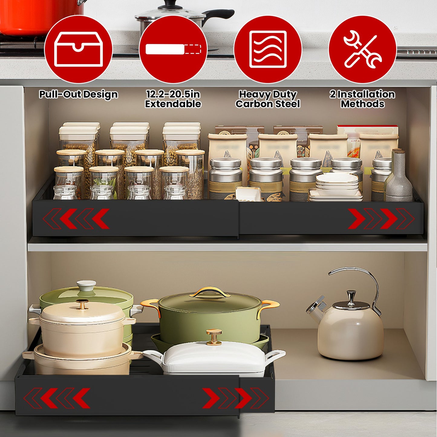 Expandable Pull out Cabinet Organizer Slide out Drawers Roll out Sliding Storage Self Carbon Steel with 12.2-20.5in Extendable Width 17lbs Max Load