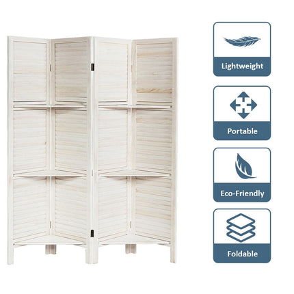 4 Panel Folding Room Divider Screen with 3 Display Shelves