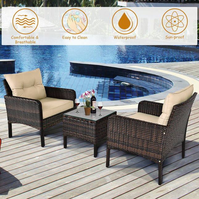 3 Pcs Outdoor Patio Rattan Conversation Set with Seat Cushions-Black