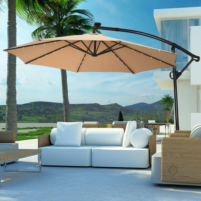 10 Feet 360° Rotation Solar Powered LED Patio Offset Umbrella without Weight Base-Gray